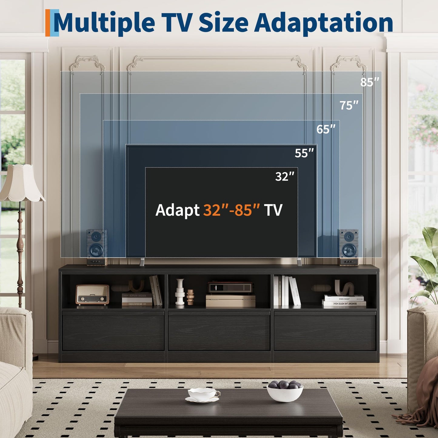 Garvee Mid Century Modern TV Stand for 65 70 75 in TVs, Industrial Entertainment Center with 3 Drawers & Open Shelves, Sturdy MDF for Living Room & Bedroom, Black