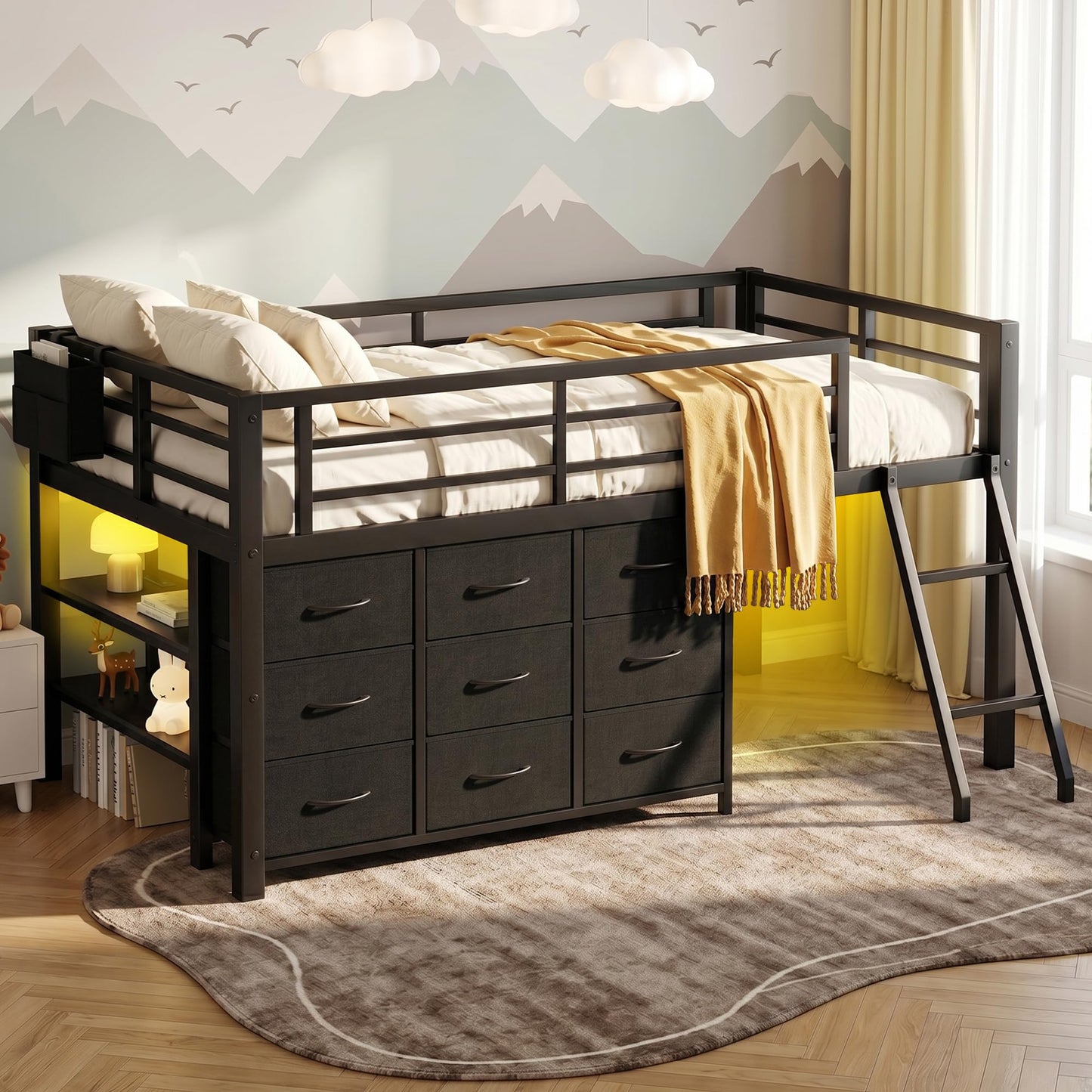 IZLKQC Twin Loft Bed with 9 Storage Drawers, Charging Station, LED Lights & 2 Shelves, Heavy Duty Metal Twin Low Loft Bed with Guardrail, Twin Size Low Loft for Kids & Teens (Black)