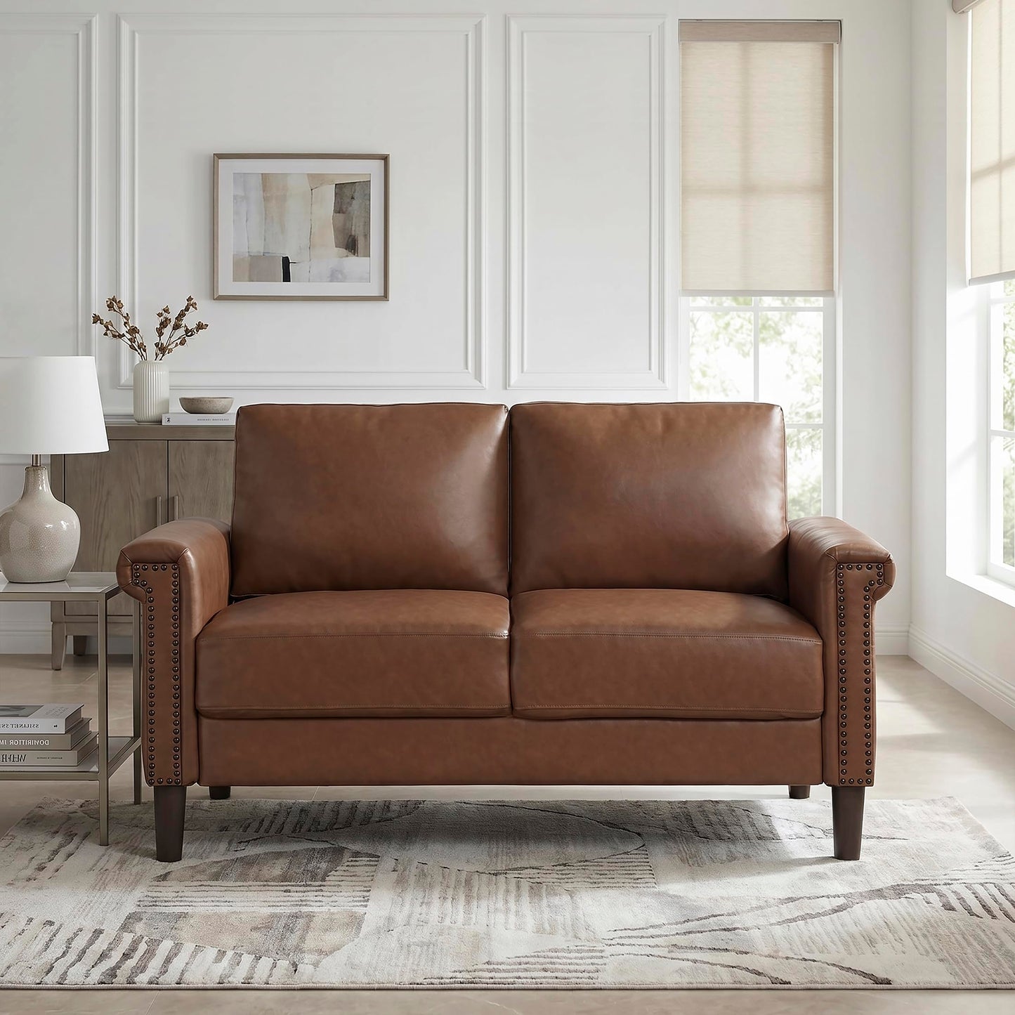 Lexicon 55.5" W Modern Living Room Loveseat - Faux Leather Love Seat with Rolled Arms, Attached Cushions, Nailhead Trim, for Bedroom/Apartment/Office, Easy Assembly, Chocolate