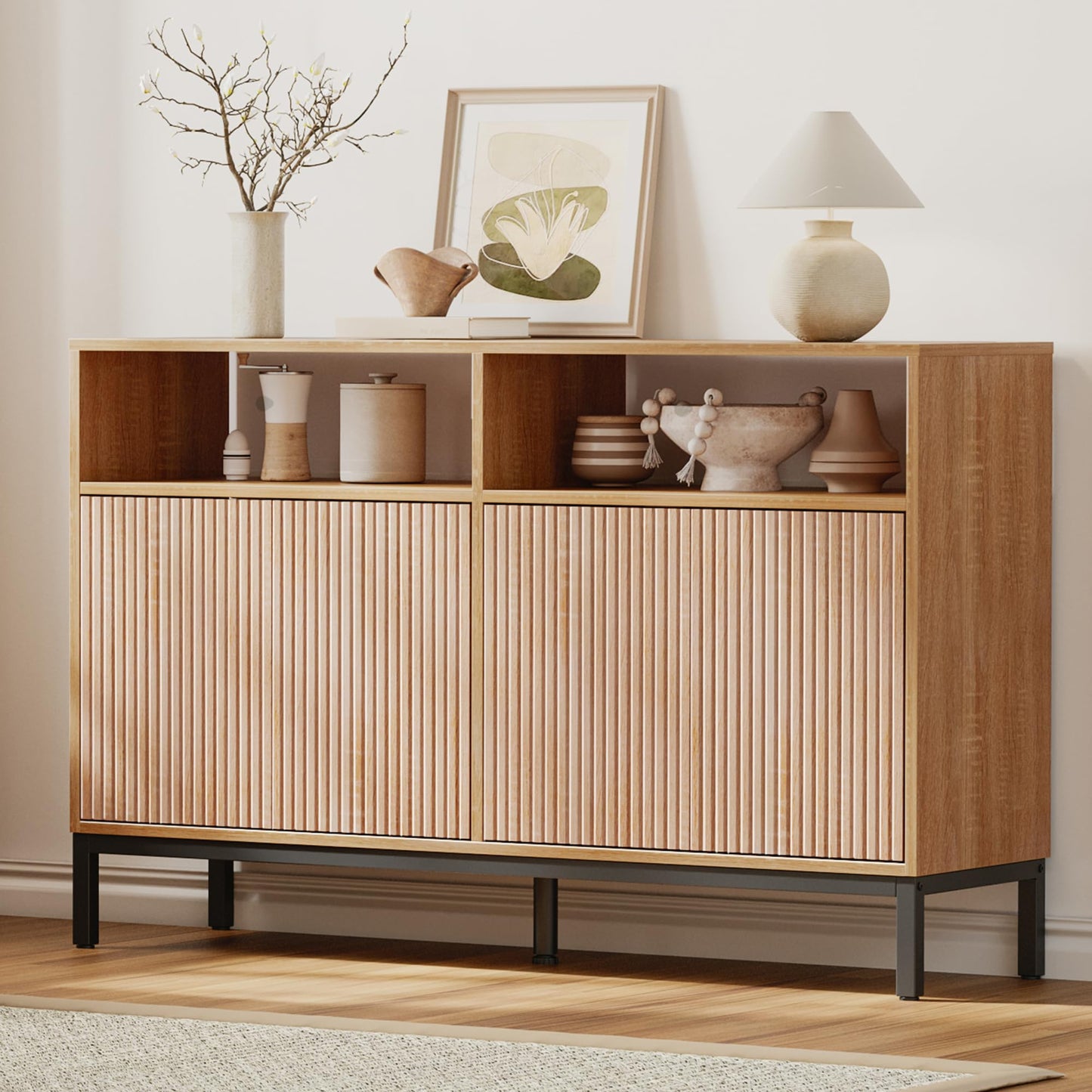 Mericonia Farmhouse Buffet Sideboard Cabinet with Storage, Fluted Coffee Bar with Doors and Adjustable Shelves, Modern Wood Console Cabinet for Kitchen, Livingroom (Fluted 4 Door, Natural)