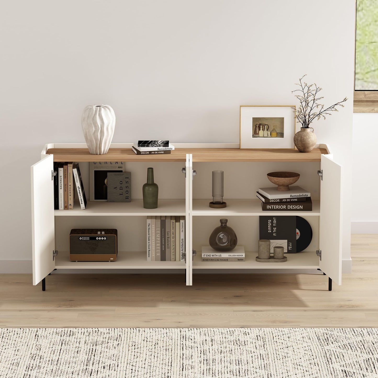 Manhattan Comfort Abbey 67" Sideboard Cabinet, Modern Console Table with Storage, Adjustable Shelves, Kitchen Buffet, Soft Close Doors, Handle-Free Design, Elevated Metal Legs, Maple and Off White
