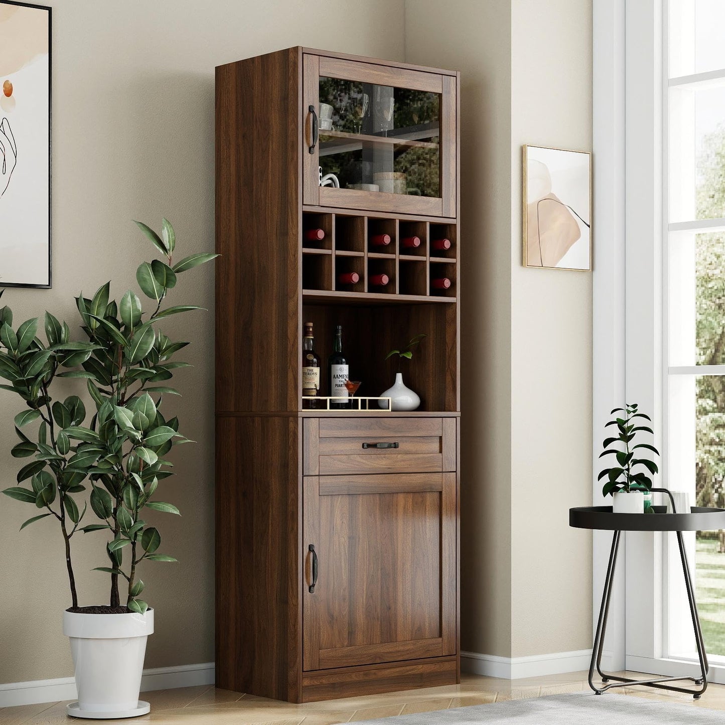 KEIKI 70.87" H Tall Kitchen Pantry Wine Bar Storage Cabinet with Countertop, Wine Rack, Glass Doors, Drawers, Wood Freestanding Hutch Food Pantries Cupboard for Coffee, Dining Living Room