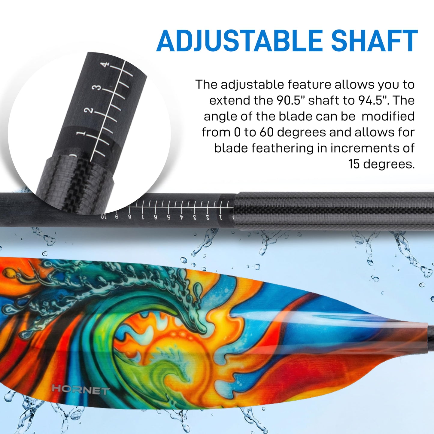 Hornet Watersports Waves Fiberglass Kayak Paddle for Adults- Ideal for Touring, Fishing and Boating- 90.5 inches / 230CM Adjustable with Carbon Fiber Shaft- Kayak Oars Kayaking Equipment