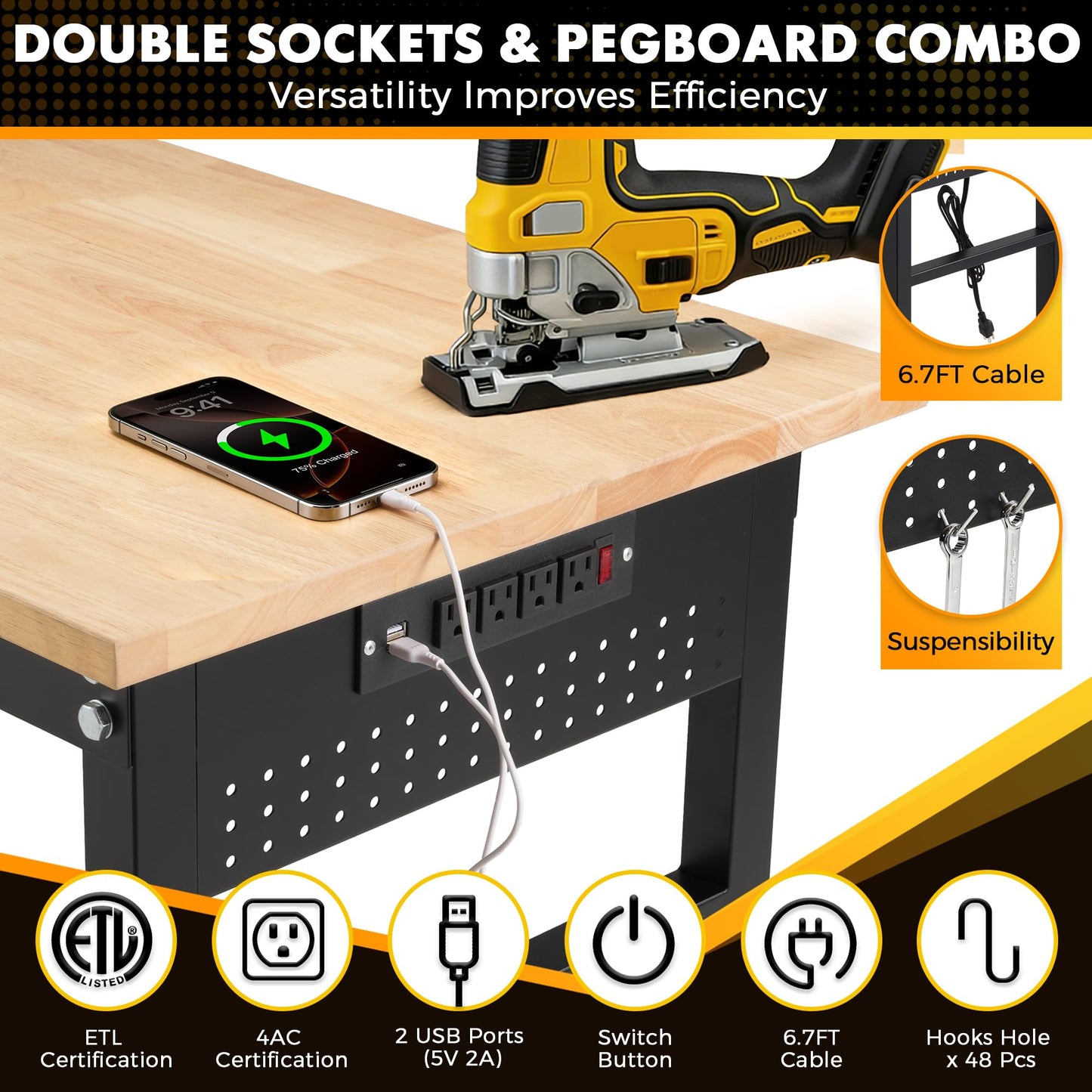 60" Adjustable Workbench with Rubberwood Top & Power Outlet,Large 60 x24Inch 9-Level Height Range 27"-37", 2000 LBS Heavy Duty Capacity for Workshop, Office, Garage, Home