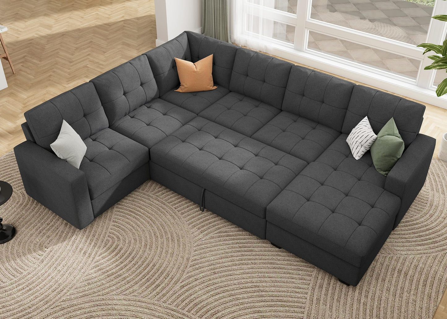 HONBAY Sectional Sleeper Sofa Pull Out Bed with Storage Chaise, Sleeper Sectional Sofa Couch, Sectional Sleeper Bed for Living Room, Dark Grey