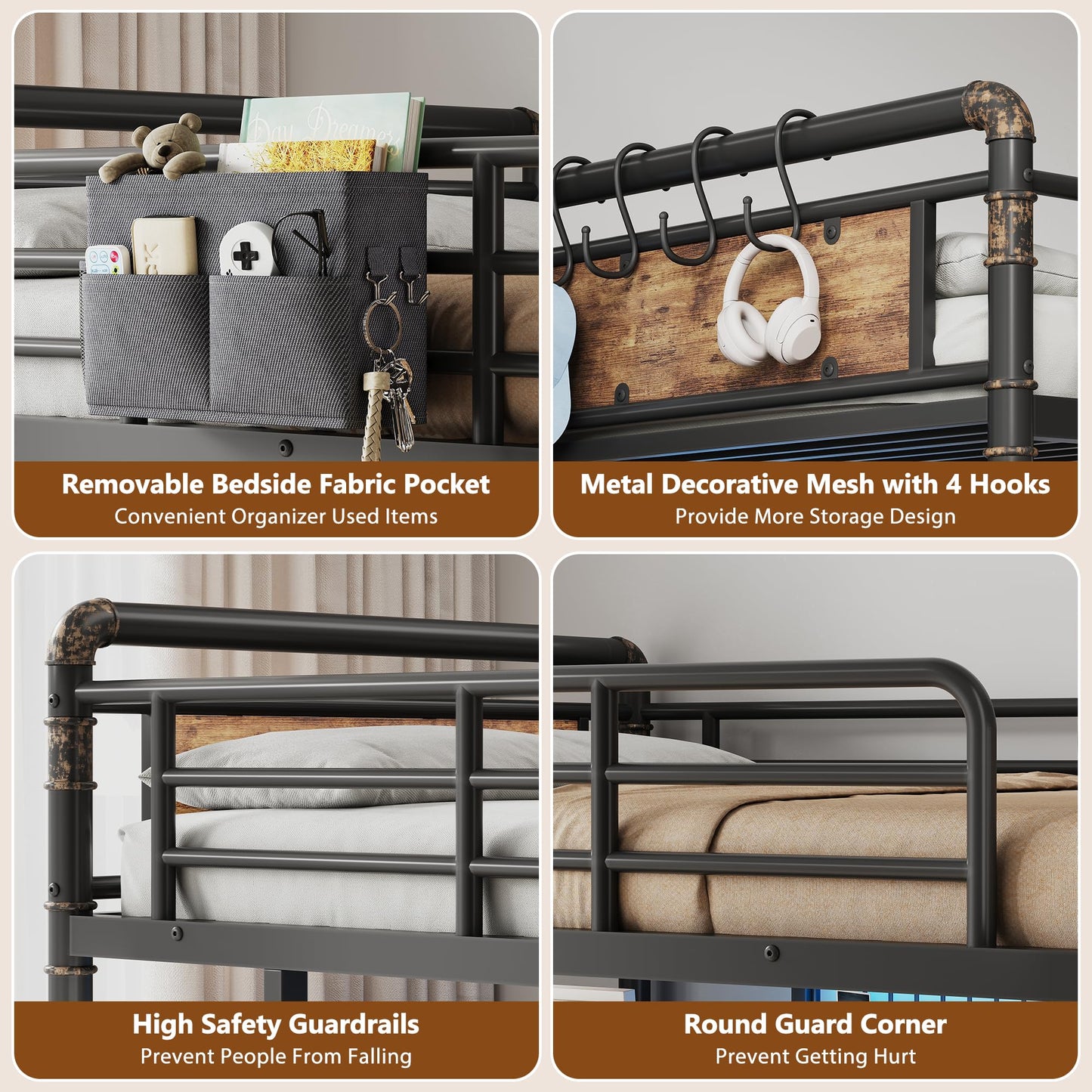 Twin Loft Bed with Desk and 8 Storage Drawers, Metal Loft Bed Twin Size with LED Lights & Charging Station, Bed Frame with Hanging Rod, Safety Guardrail & Ladder, for Kids & Teens (Rustic Brown)