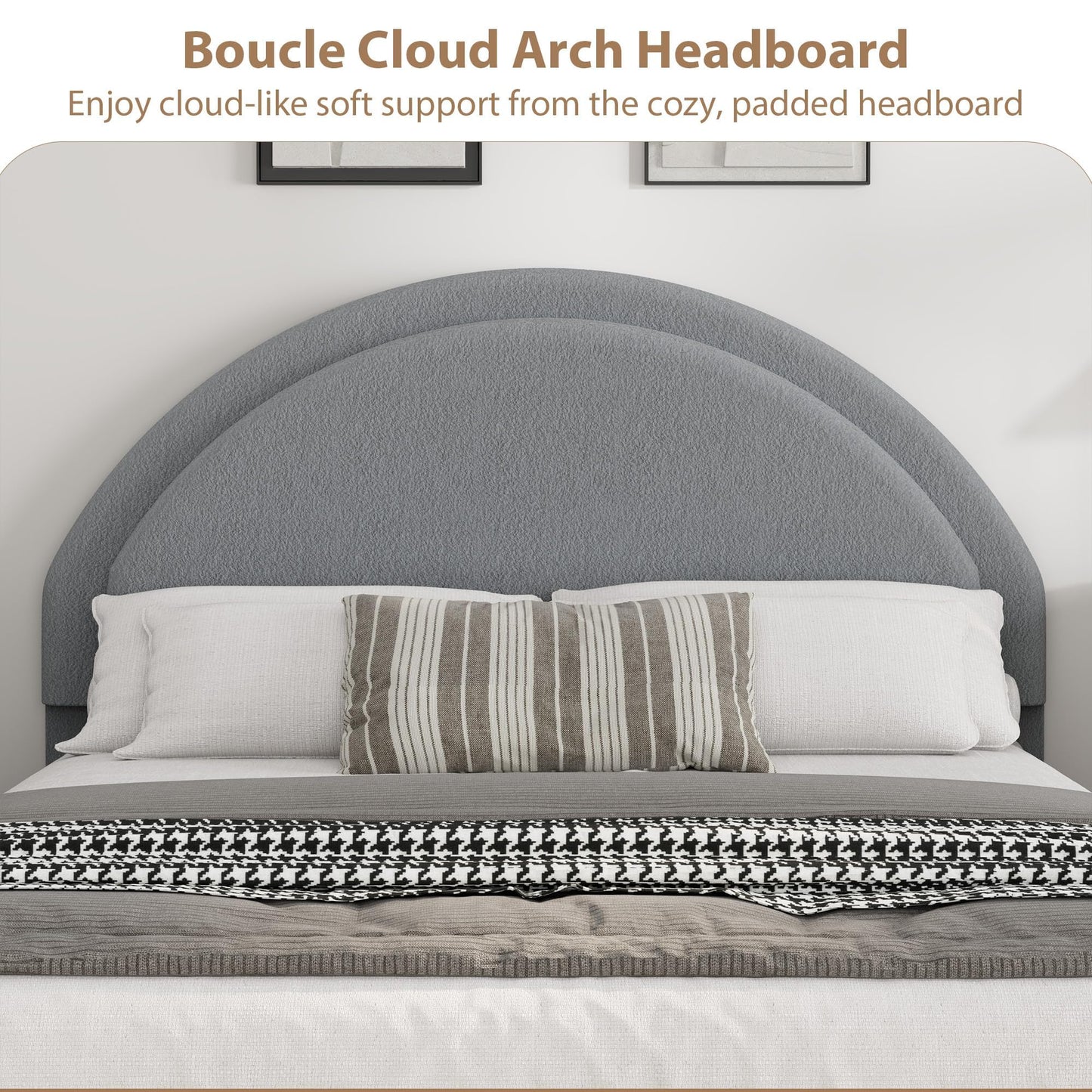 Garvee Full Size Bed Frame with Storage Drawers, Upholstered Boucle Platform Bed with Round Headboard, Heavy Duty & Noise Free, No Box Spring Needed, Grey
