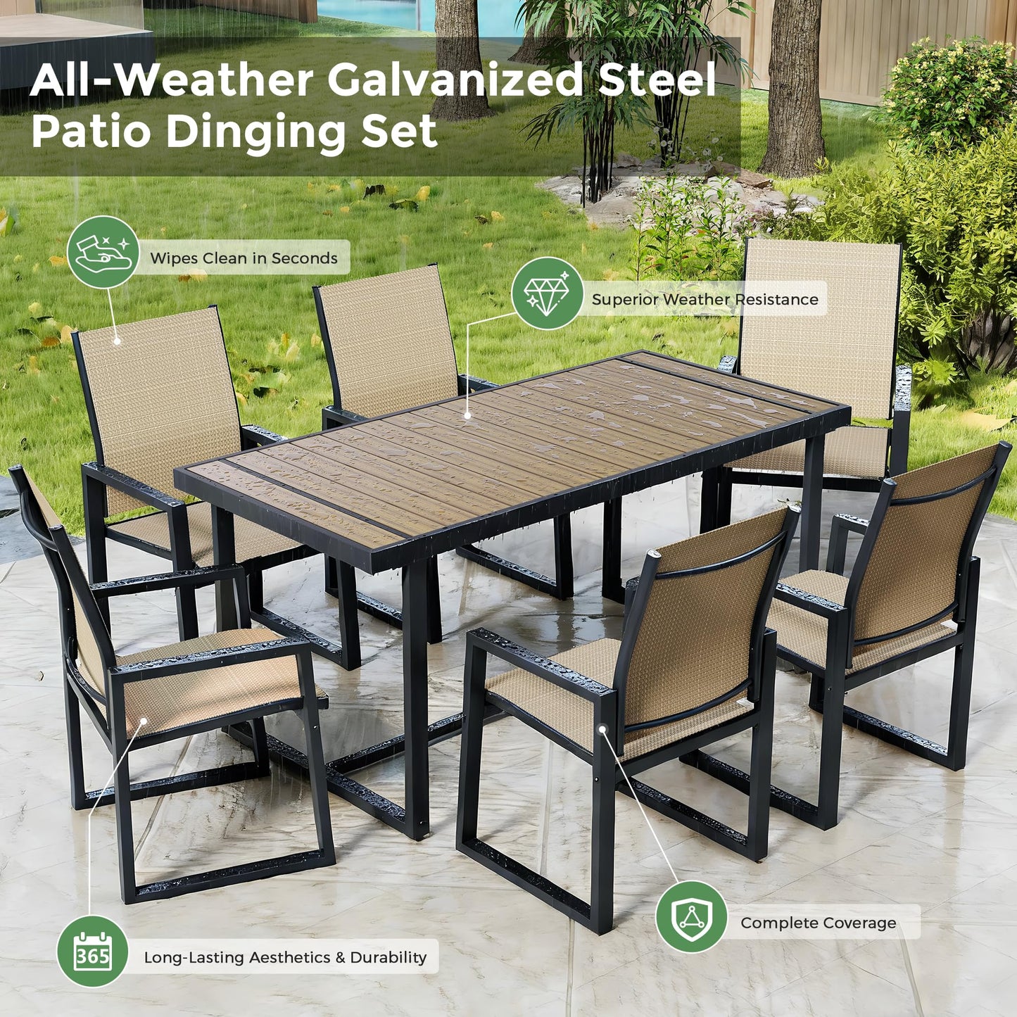 Jocoevol 7 Piece Patio Dining Set for 6, Outdoor Furniture Set Includes 67" Rectangle Patio Table and 6 Textilene Dining Chairs, Outdoor Table and Chairs for Outsides, Backyard, Garden and Poolside