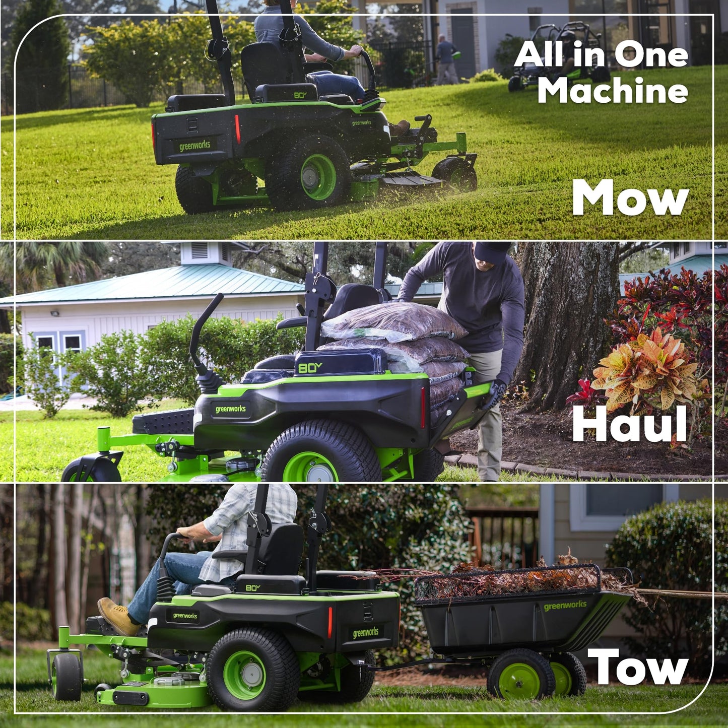 Greenworks 80V 60' Riding Lawn Mower (5.12 Acre, 41 HP Gas Equivalent, 4 MPH, Rear Dump Bed), (2) 16.0Ah + (4) 8.0Ah Batteries (5,120 Wh Max) + Turbo Wall Charger