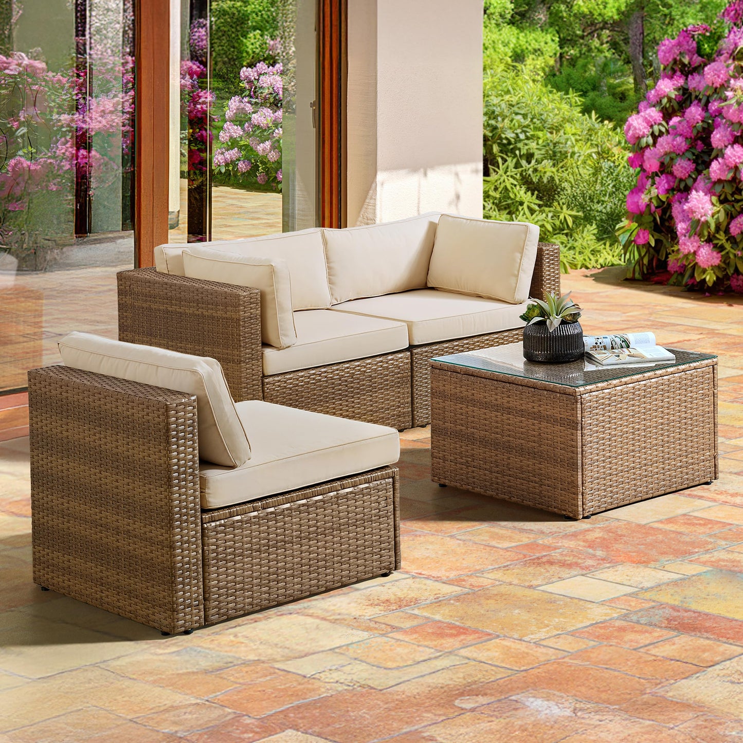 Alaterre Furniture Montara 4 Piece Modular Outdoor Patio Furniture Set - Weather-Resistant Wicker Rattan Patio Set with Outdoor Couch and Coffee Table for Backyard, Porch, Deck or Poolside (Tan/Cream)