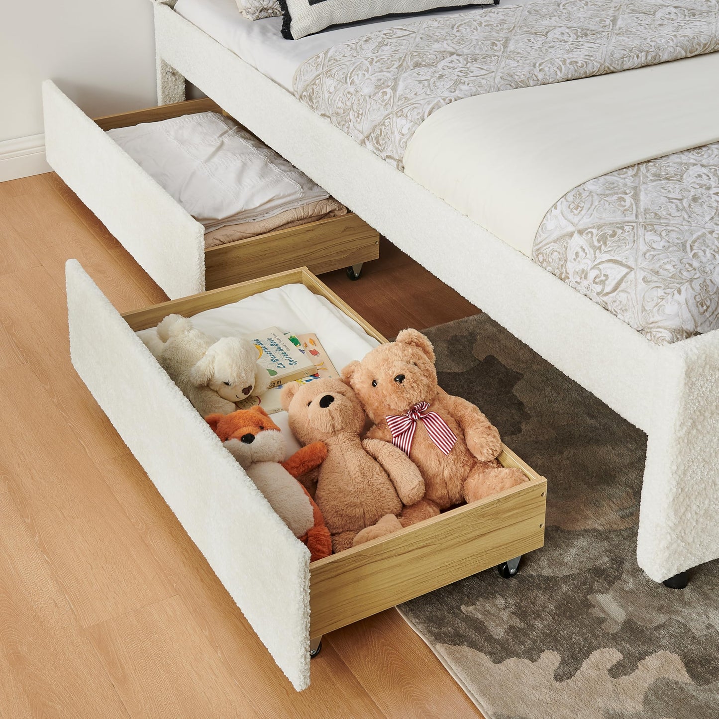 KEIKI Queen Size Upholstery Platform Bed Frame with Pull-Out Trundle & 2 Drawers, Extendable Chenille Bed with Vertical Channel Tufted Headboard & Nailhead Trim, Easy Assembly, for Bedroom, Beige