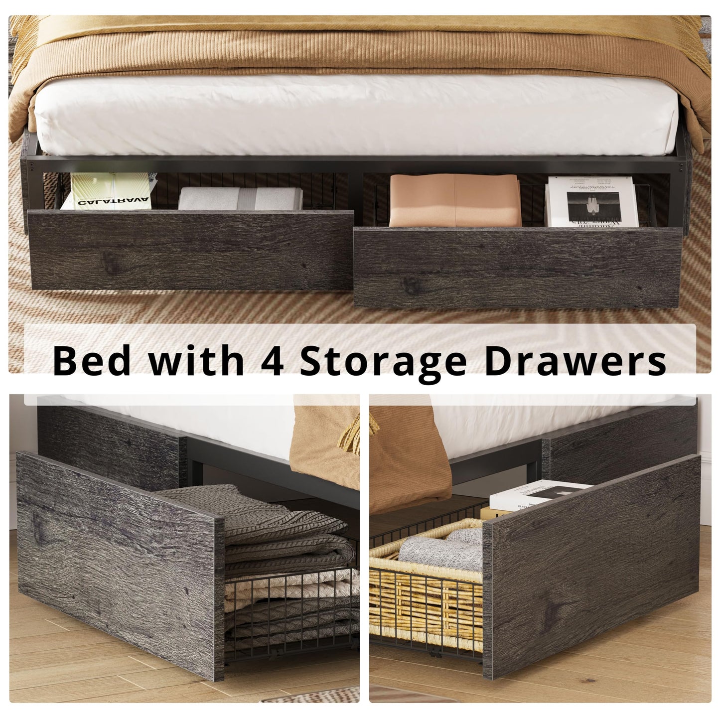 LIKIMIO King Bed Frame with Storage, 4 Drawers and Heavy Strong Metal Support Frames, Solid Stable, Noise-Free, No Box Spring Needed, Easy Assembly, Charcoal Grey