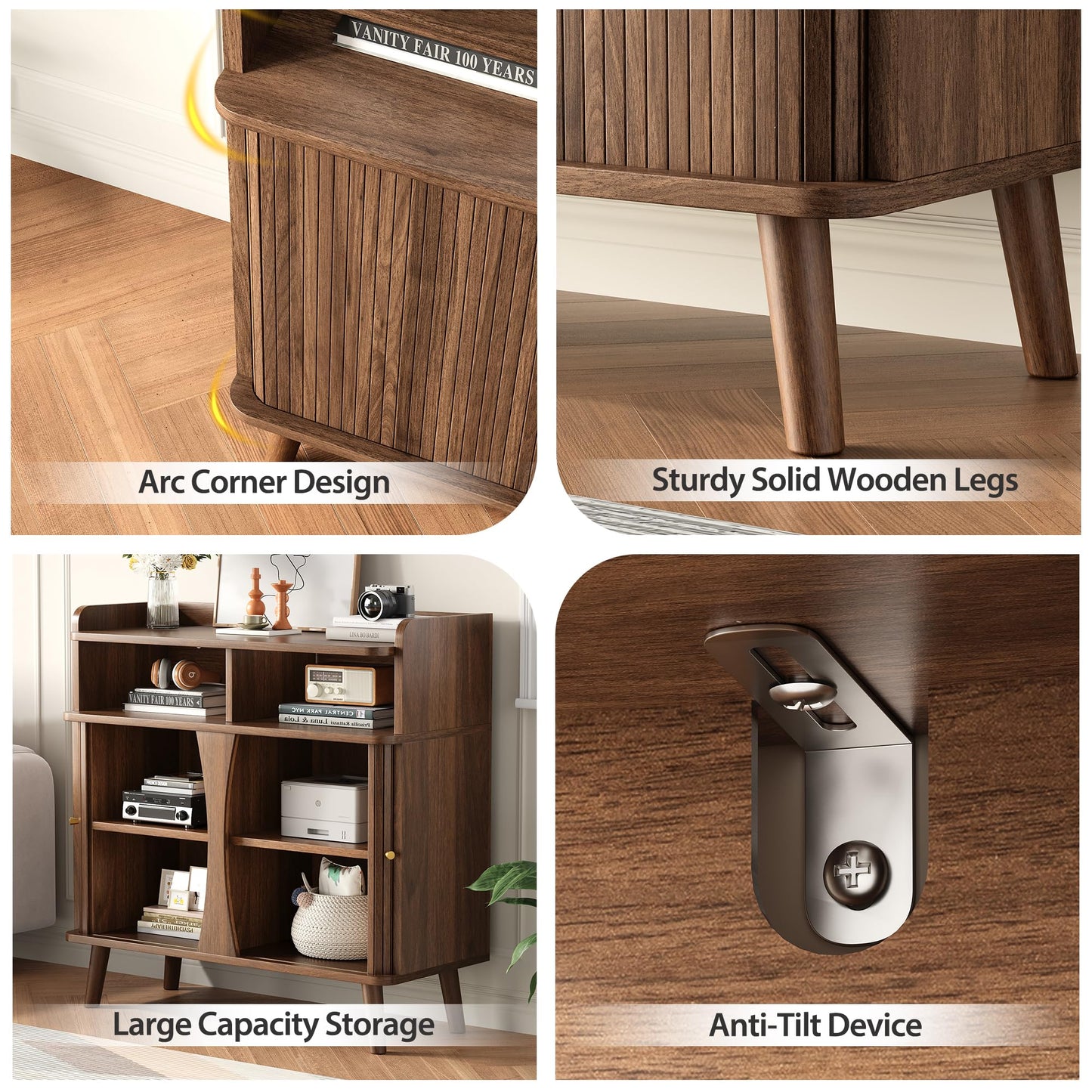 Decofy 39" Buffet Sideboard Cabinet, Mid Century Modern Console Cabinet with Roller Shutter Sliding Doors & Adjustable Shelves for Kitchen Cabinets, Living Room, Entryway, Coffee Bar Cabinet (Walnut)