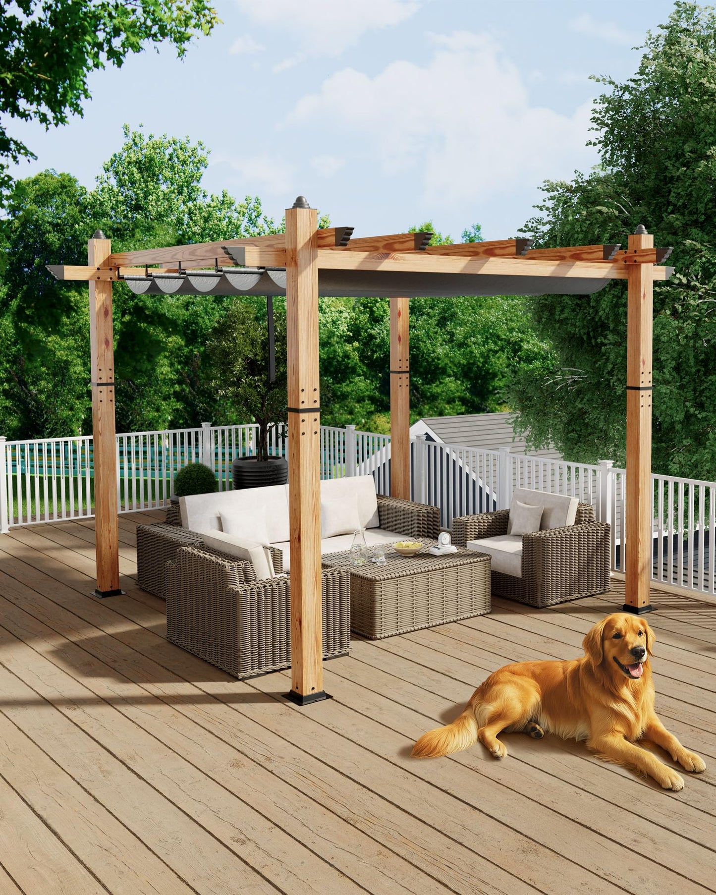 KYBOLT 10x10 Ft Outdoor Pergola Aluminum Pergola with Retractable Canopy Wood-Grain Sun Shade Shelter for Garden Patio Backyar Deck(Gray)