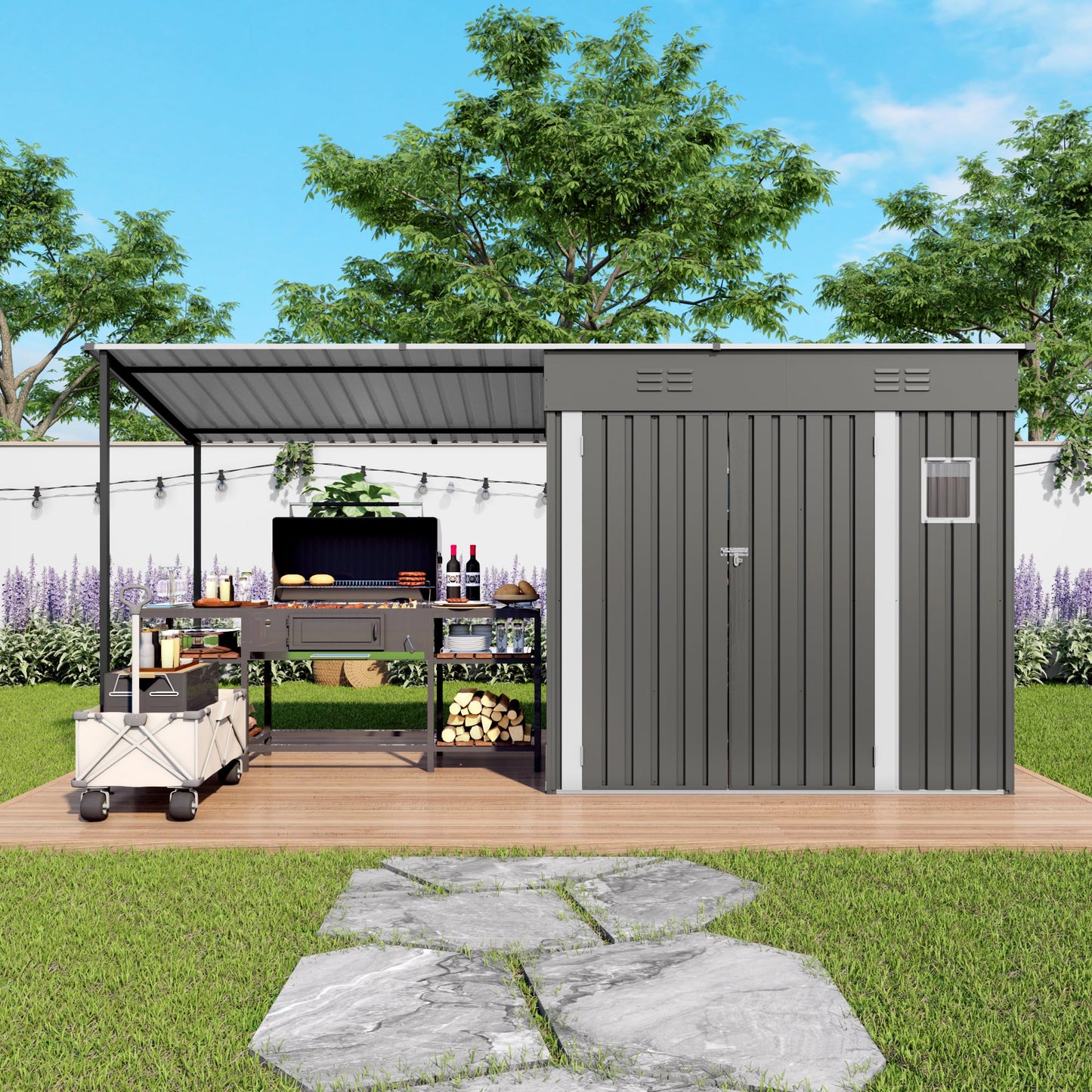 12x4FT Metal Lean-to Shed with Open-Sided Pergola, 4'x6' Outdoor Storage Shed & 6'x4' Hardtop Gazebo Combo, 2-in-1 Garden Storage Tool Shed for Patio, Backyard, Outdoor Organization Structure