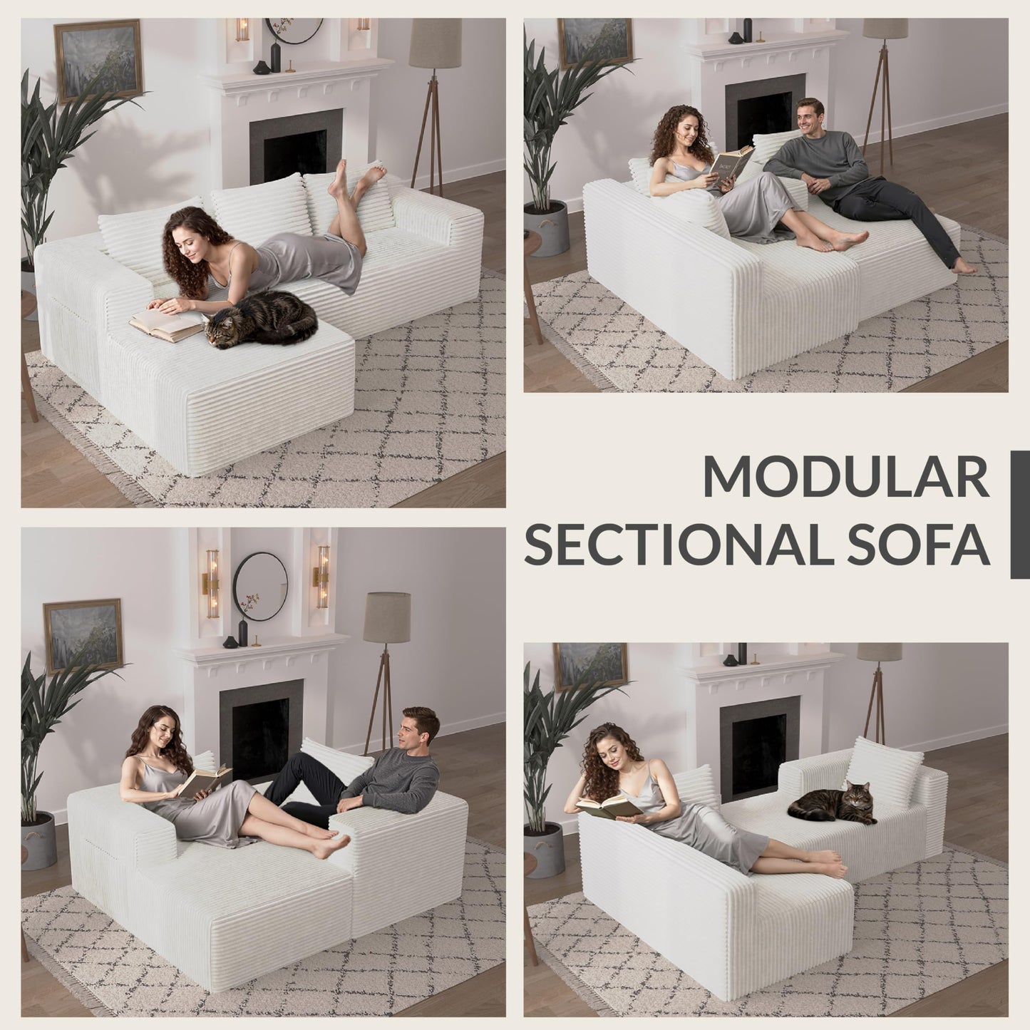 Attalee Modular Sectional Sofa for Living Room, L Shaped Compressed Corduroy Sectional Boneless Couches with Deep Seat and 4 Storage Pockets, Easy Assembly, White