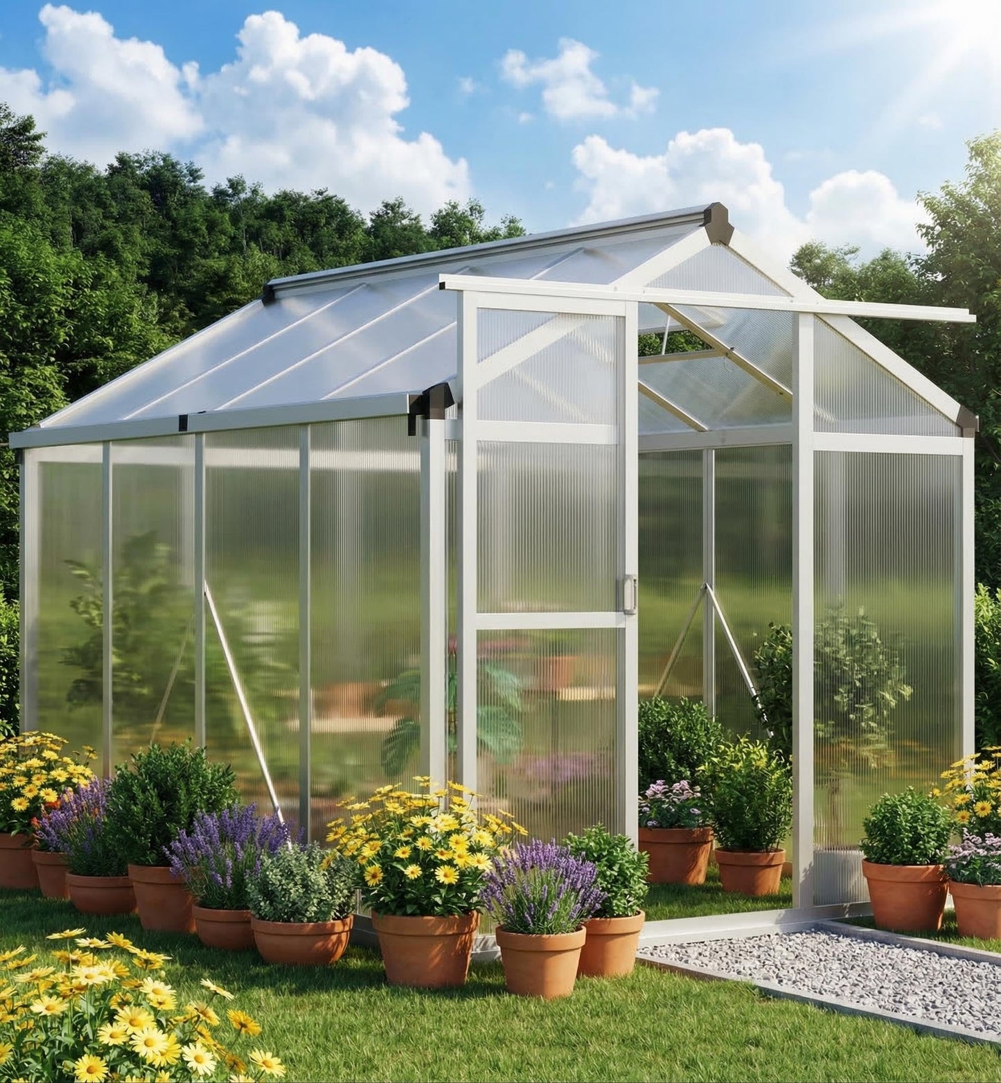 GAOMON 6 x 8 ft Greenhouse for Outdoor with Sliding Door, Green House with Polycarbonate Panel & Ajustable Roof Vent & Ground Nails, Walk-in Aluminum Greenhouses for Garden, Patio