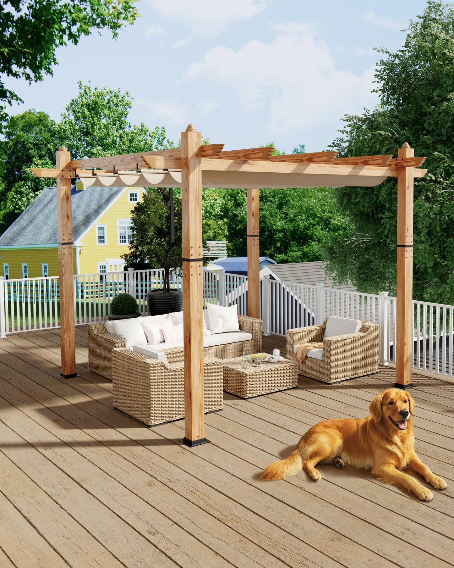 KYBOLT 10x10 Ft Aluminum Pergola Outdoor Gazebo with Retractable Canopy Imitation Wood-Grain Sun Shade Shelter for Garden Patio Backyard Deck(Khaki)