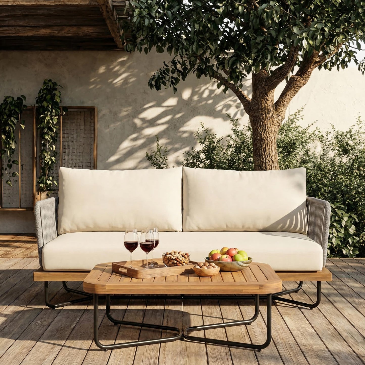 Merax 2 Piece Patio Outdoor Furniture Set, All-Weather Acacia Wood Loveseat Sofa with Cushions, 1 Coffee Table with Sturdy Base for Porch, Lawn, Backyard, Balcony, Beige+Gray