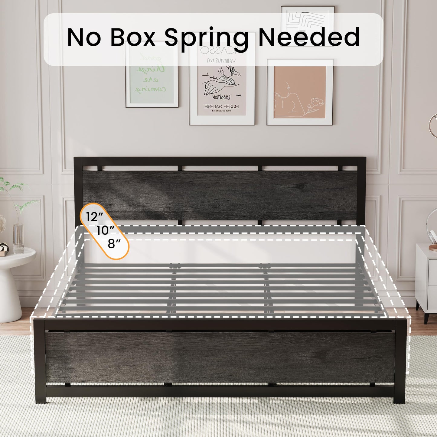 LIKIMIO King Bed Frame with Headboard and Footboard, Metal Strong Supports, Easy Assembly, Noise-Free, No Box Spring Needed, Charcoal Grey