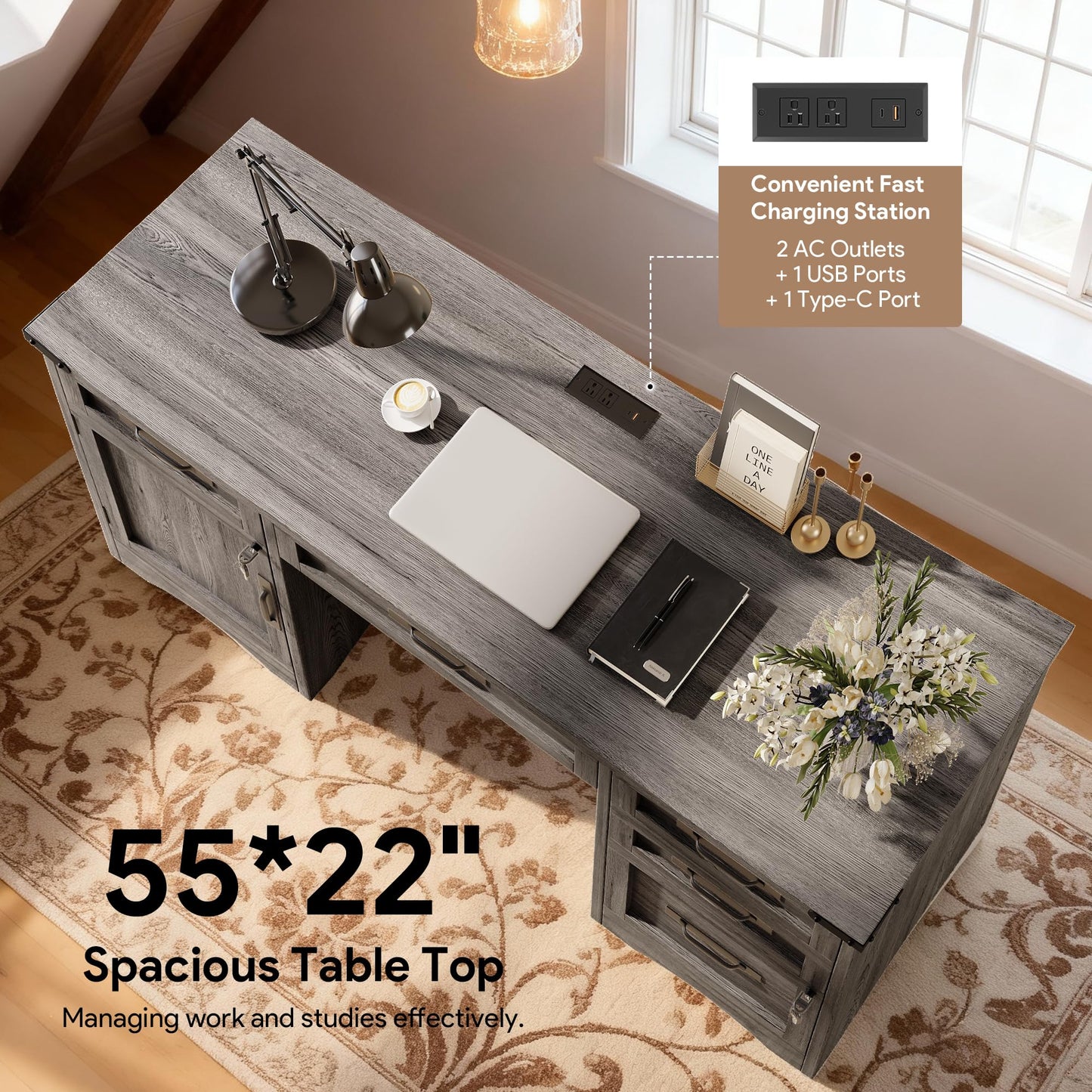 Decofy Farmhouse Executive Desk with Drawers, 55" Home Office Desks with Fast Charging Station, Lockable File Cabinet, Wood Writing Computer Desk for Work, Study, Grey