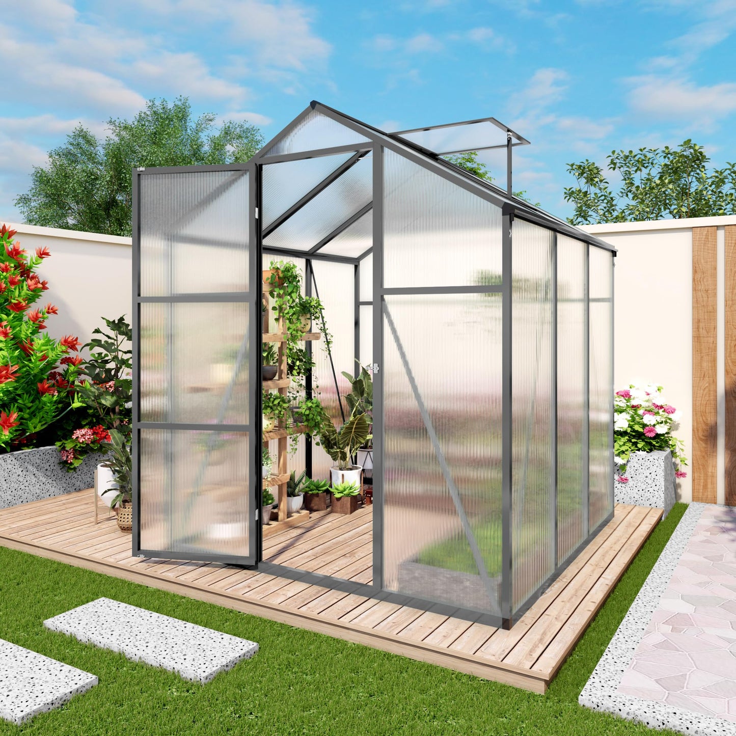 Walk-in Greenhouse 6x14FT, Heavy-Duty Aluminum Frame Polycarbonate Green House Kit, UV Resistant Plant Shelter with Vent Windows & Drainage System, Outdoor Garden Greenhouse for Vegetables Flowers