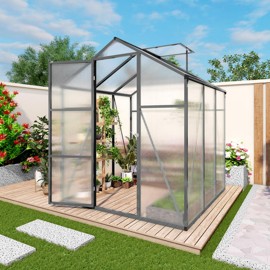 Walk-in Greenhouse 6x14FT, Heavy-Duty Aluminum Frame Polycarbonate Green House Kit, UV Resistant Plant Shelter with Vent Windows & Drainage System, Outdoor Garden Greenhouse for Vegetables Flowers