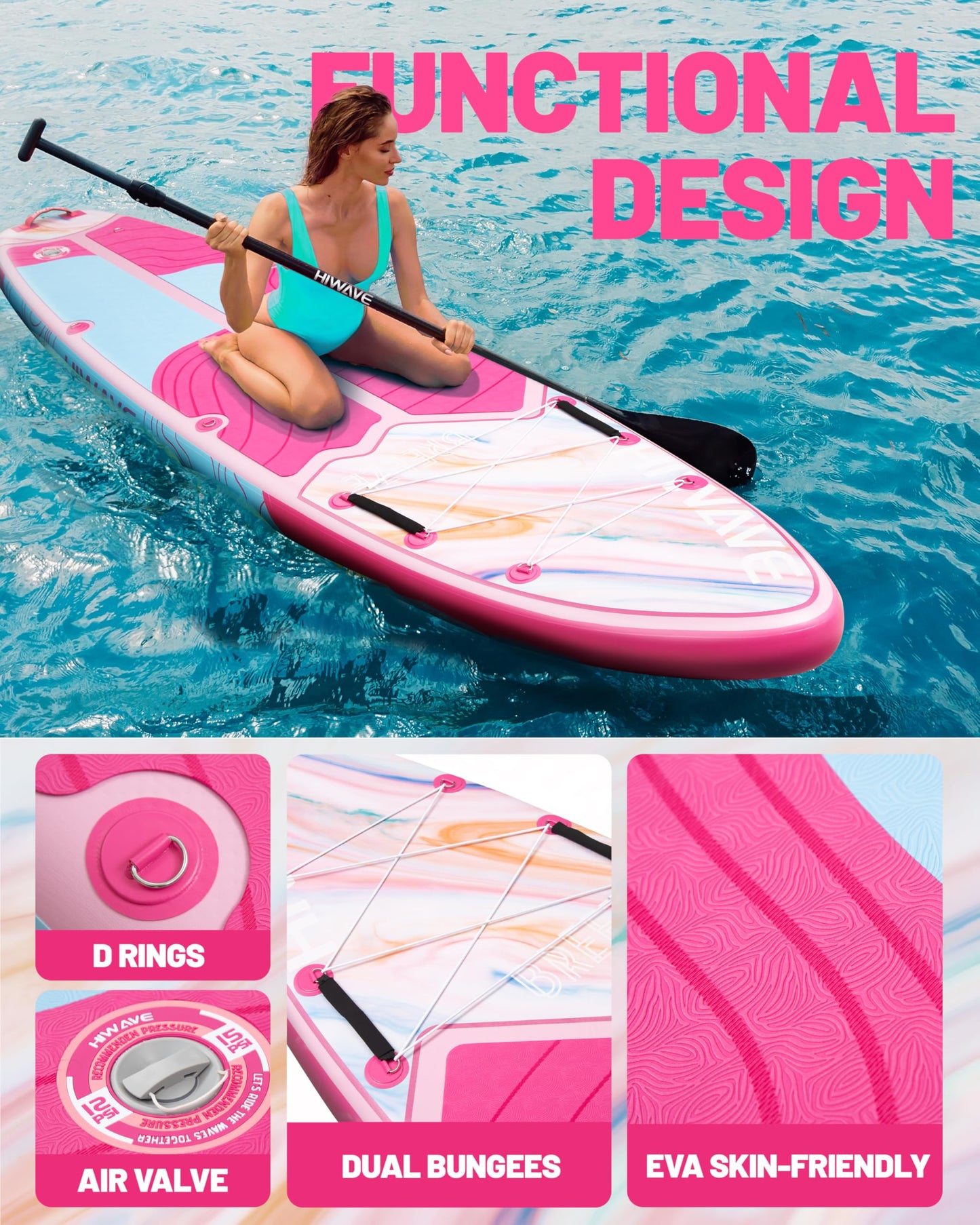 Hiwave Inflatable Stand Up Paddle Board 11’*34”*6” Sup Board, 420 lbs Capacity Adult&Youth Paddle Board, Pet Friendly for Ocean&Lake, w/Double Action Hand Pump Pink