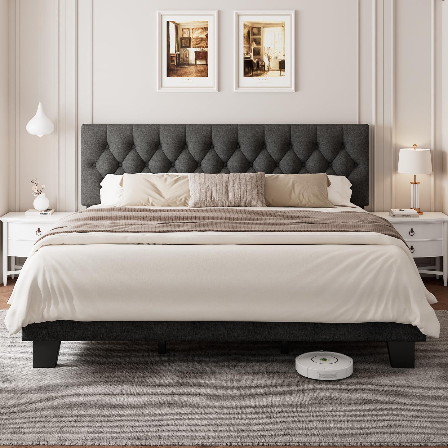 Einhomn King Size Upholstered Bed Frame with Headboard, Tufted Button Linen Bed Base, Platform Bed with Heavy Duty Wood Slat Support, No Box Spring Needed, Easy Assembly, Noise-Free, Dark Grey