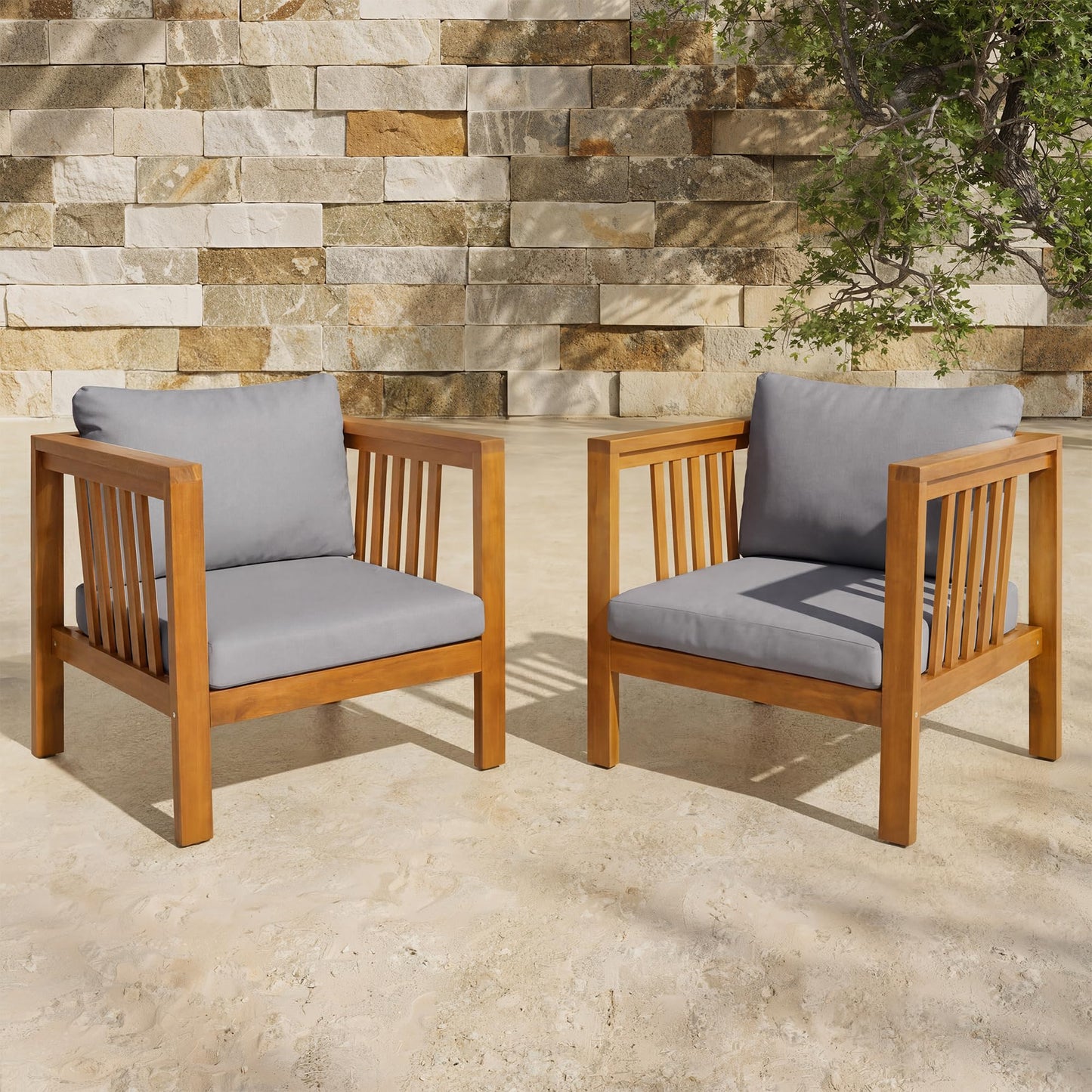 Merax Set of 2 Outdoor Acacia Wood Club Chairs, Modern Patio Conversation Chairs with Thick Cushions, Adjustable Feet, Weather Resistant Wooden Armchairs for Backyard, Poolside, Grey Cushions
