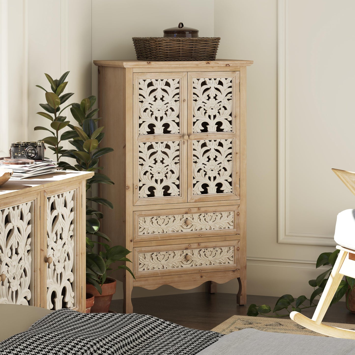 Aoikax 48" Boho Farmhouse Hollow Carved Pantry Cabinet with 2 Drawers