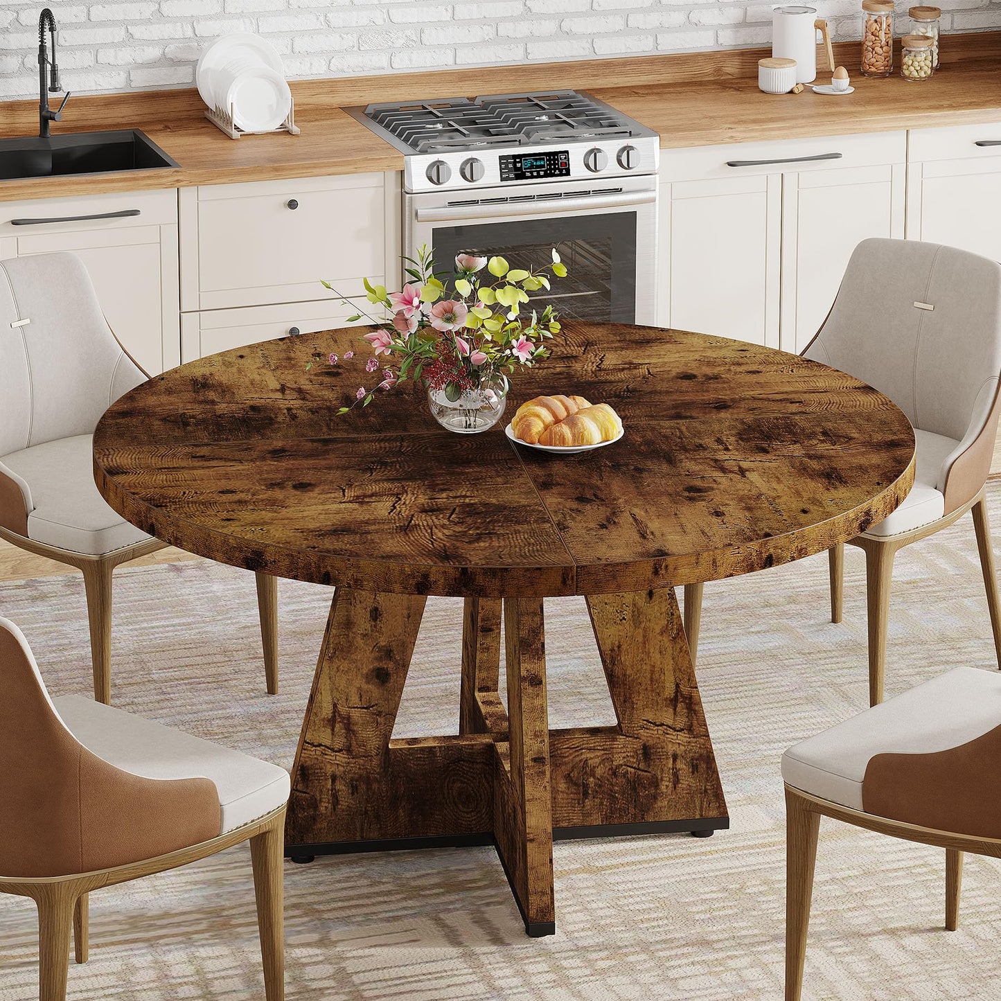 Tribesigns 47 inch Round Dining Table Wood Kitchen Table for Dining Room, 47" Dinner Room Tables for 4-6, Farmhouse Accent Furniture with Wooden Tabletop and Cross Base, Vintage