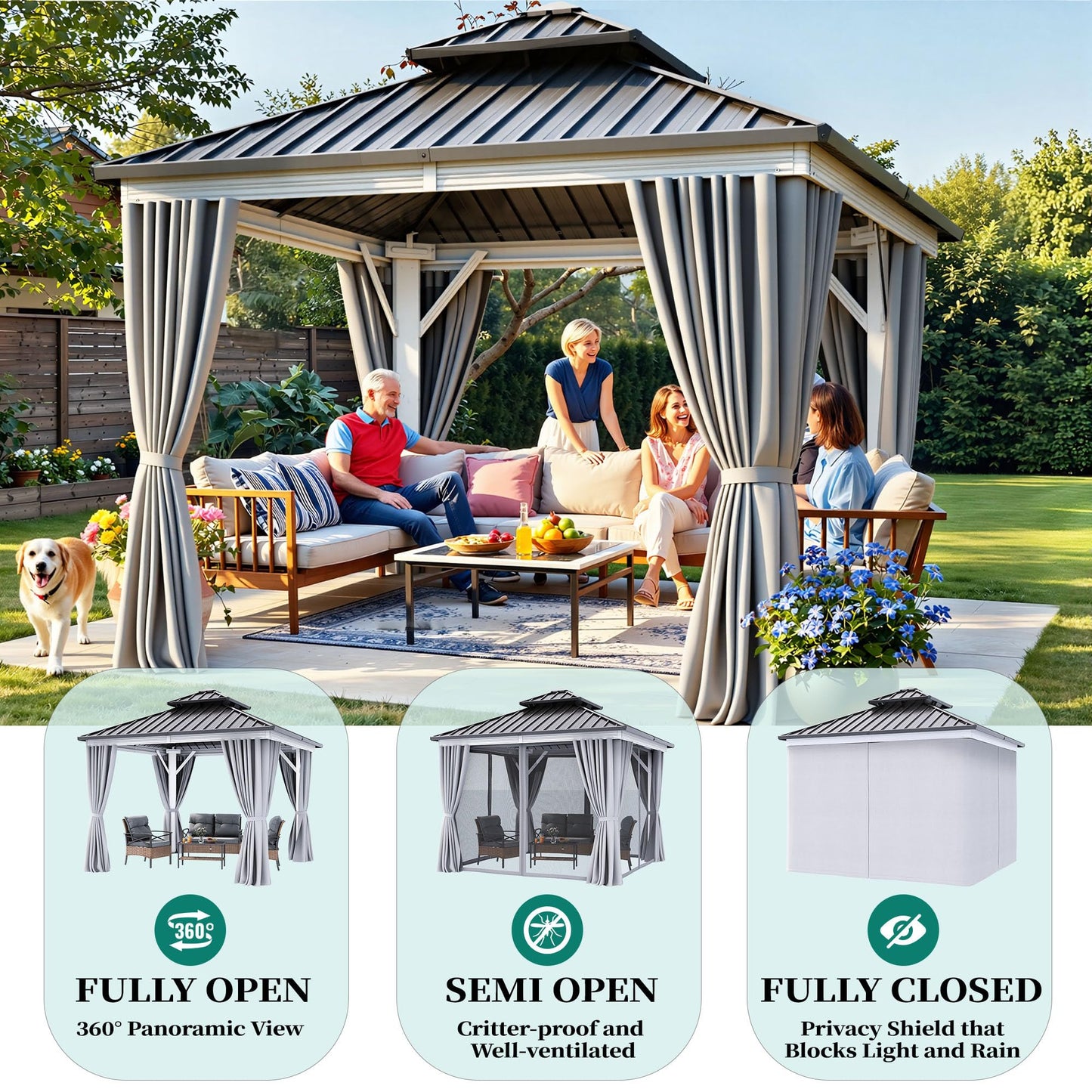 YITAHOME 10X10FT Hard Top Metal White Gazebo Patios Double Roof Canopy Aluminum Frame Garden Gazebo Tent Curtains Netting for Patios Backyards Decks Lawns White