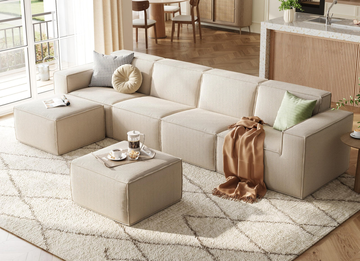 LINSY HOME Modular Sectional Sofa, 134" Boneless Couch U Shaped 4-Seat Sofa with 2 Movable Ottomans, Corduroy Sectional Cloud Couches for Living Room, No Assembly Required, Beige