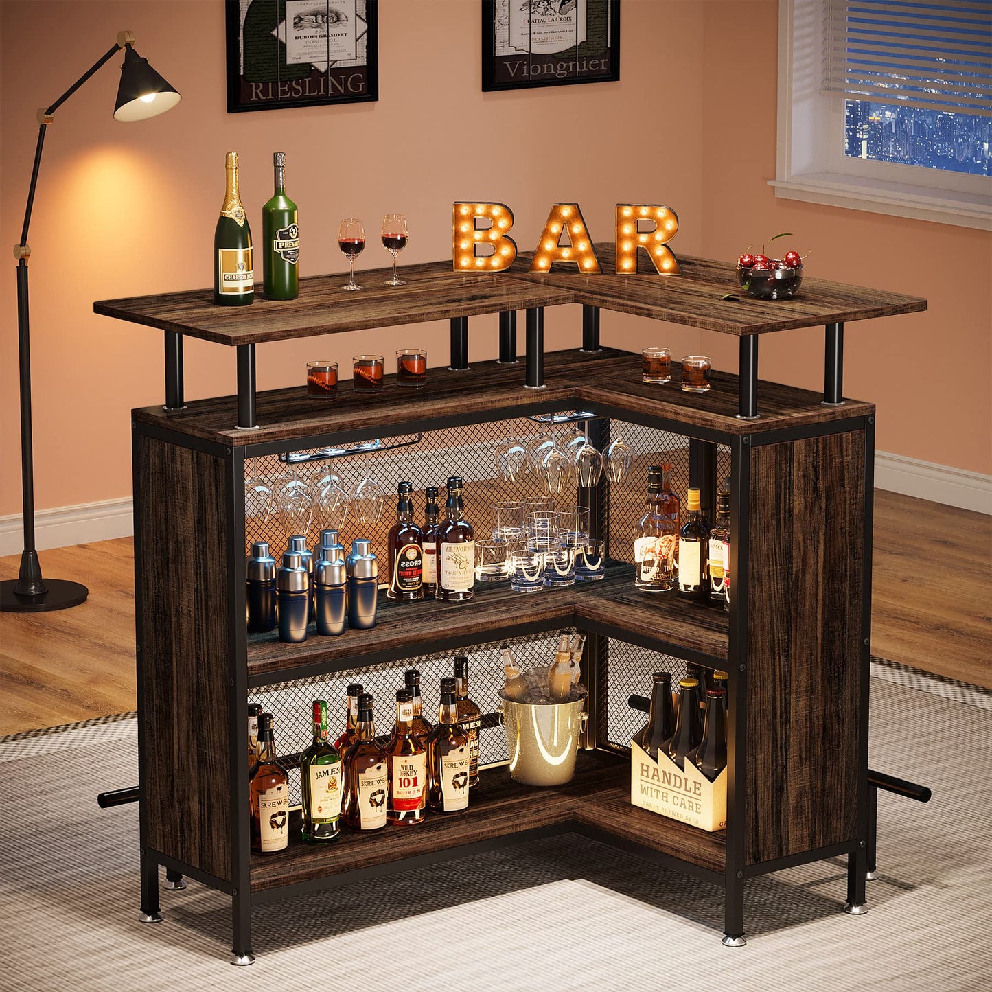 Tribesigns Home Bar Unit, L-Shaped Bar Table with Stemware Racks and 2-Tier Shelves, Corner Mini Coffee Liquor Cabinet with Footrest for Home/Kitchen/Pub, Rustic Brown