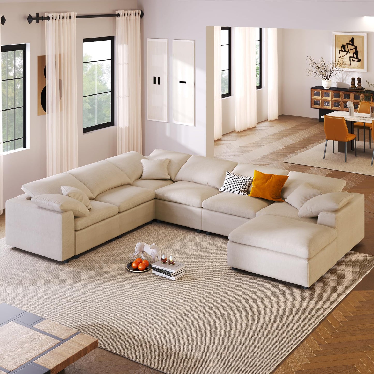 124.8" W Large Modular Sectional Sofa L Shaped Modern Couch with Ottoman, Deep Seat and Wide Chaise for Living Room, Beige