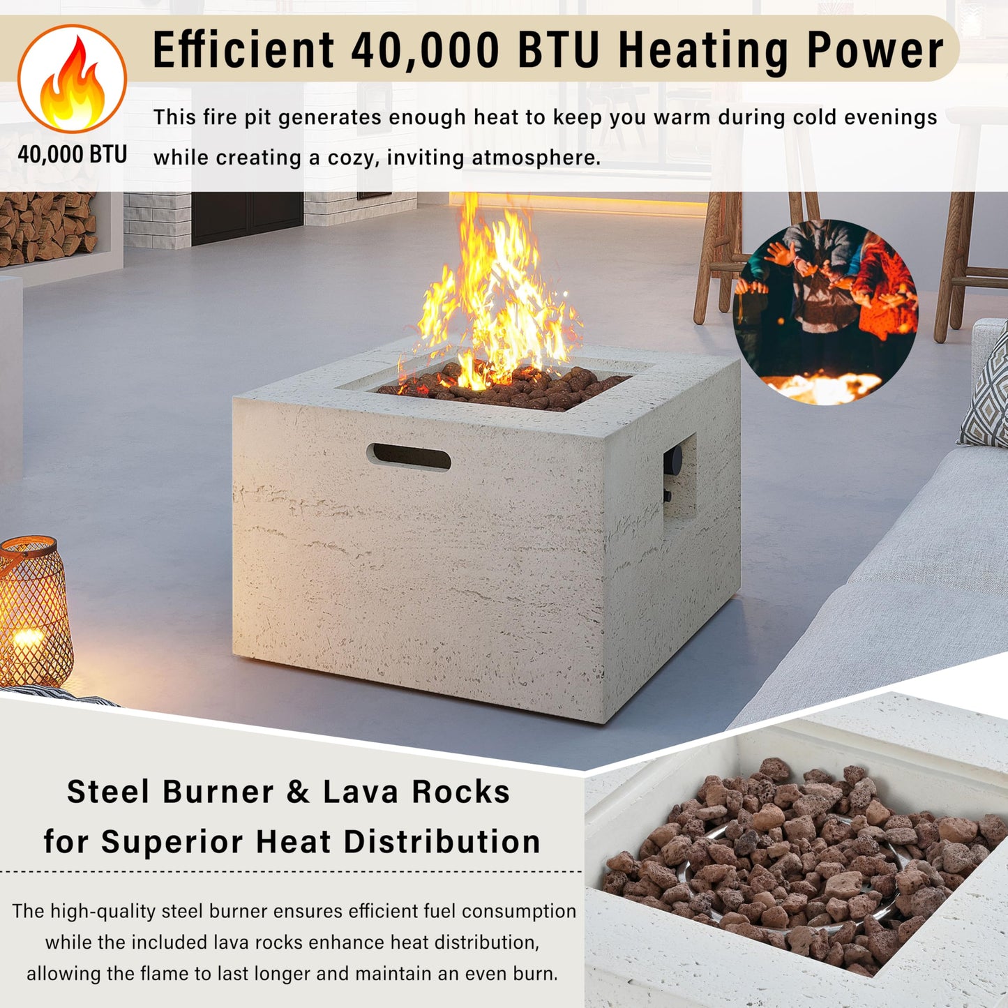 GDFStudio MgO Lightweight Square Propane Fire Pit Table, 40000 BTU Outdoor Propane Fire Pit with Steel Burner, Adjustable Flame Control, Lava Rocks & Rain Cover, Patio Backyard Deck Poolside, Beige