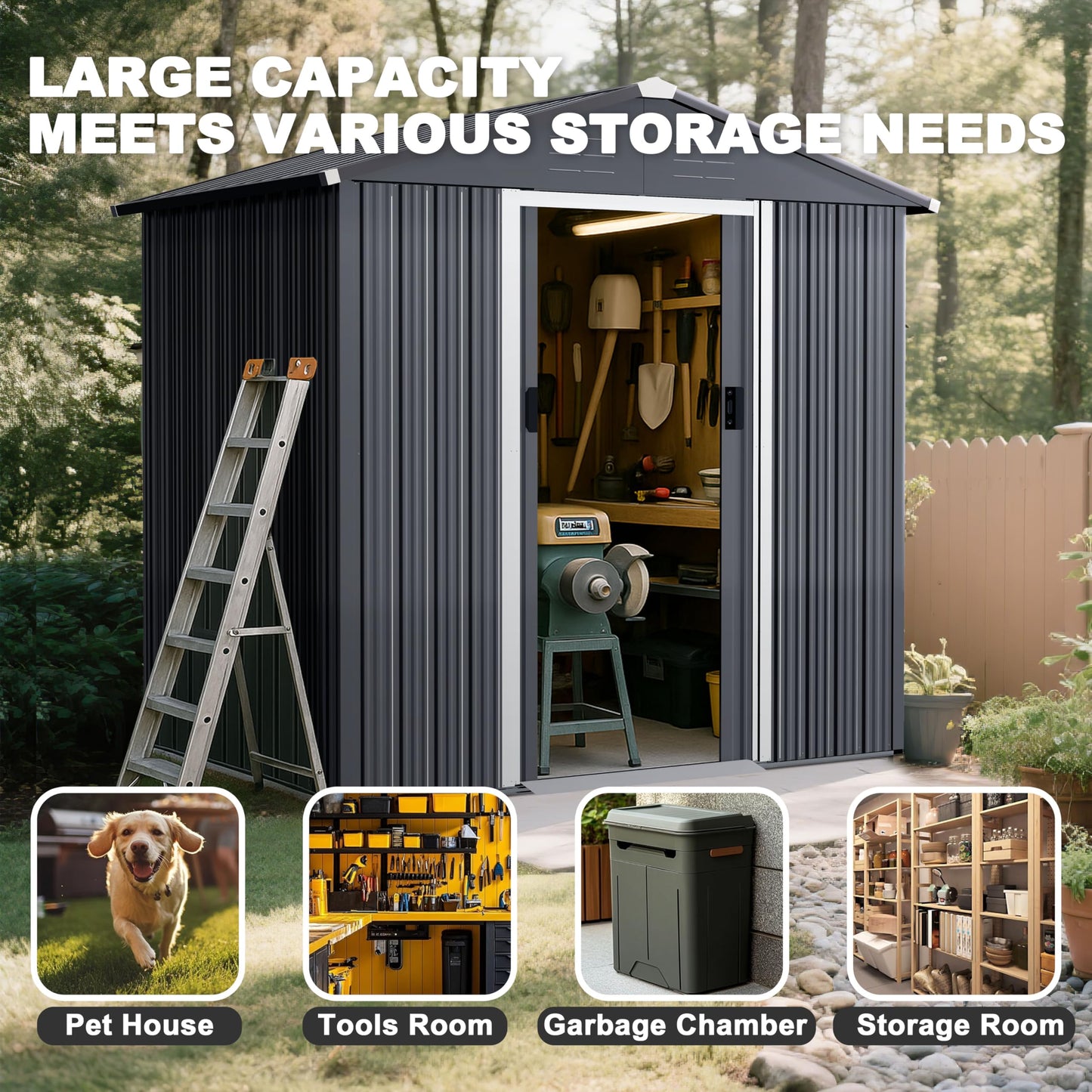 Nuu Garden 6 x 4 FT Garden Storage Shed with Sliding Doors, Galvanized Sheet Tool Shed with Sloping Roof, Anti-Corrosion Garden Shed with Air Vents for Backyard Patio Lawn, Black