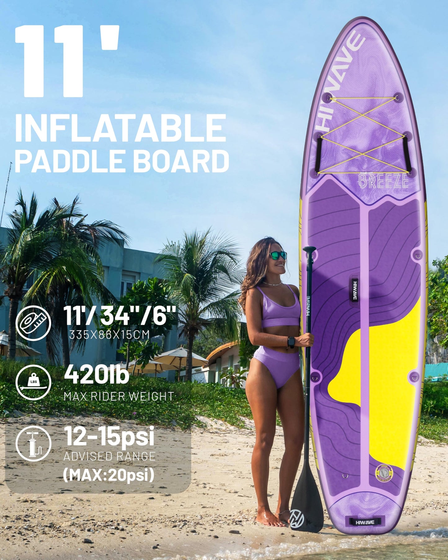 Hiwave Inflatable Stand Up Paddle Board 11’*34”*6” Sup Board, 420lbs Capacity Adult&Youth Paddle Board, Pet Friendly for Ocean&Lake, w/Double Action Hand Pump Purple ﻿