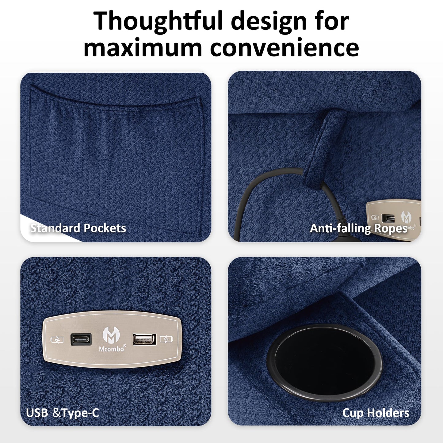 MCombo Triple Motor Power Lift Recliner with Massage and Heat, Electric Recliner Chair for Elderly People, Adjustable Headrest, Infinite Position, Cup Holders,USB Ports, Fabric 7661(Navy Blue, Medium)