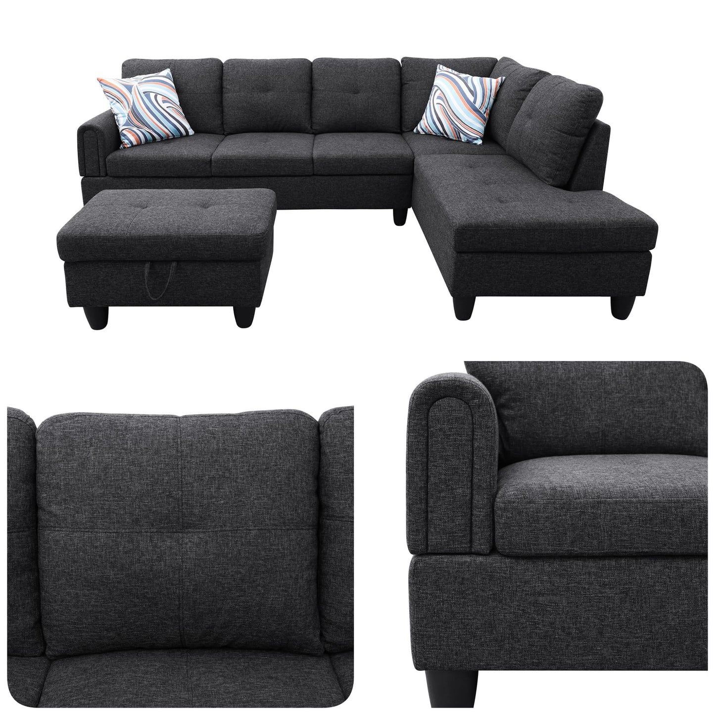 Topcomfy 97.5" L Shaped Couch Set, Modular Sectional Couches for Living Room with Storage Ottoman, 4 Seat Home Sofa Living Room Furniture Sets with Chaise for Apartment Office (Linen, Black Grey)