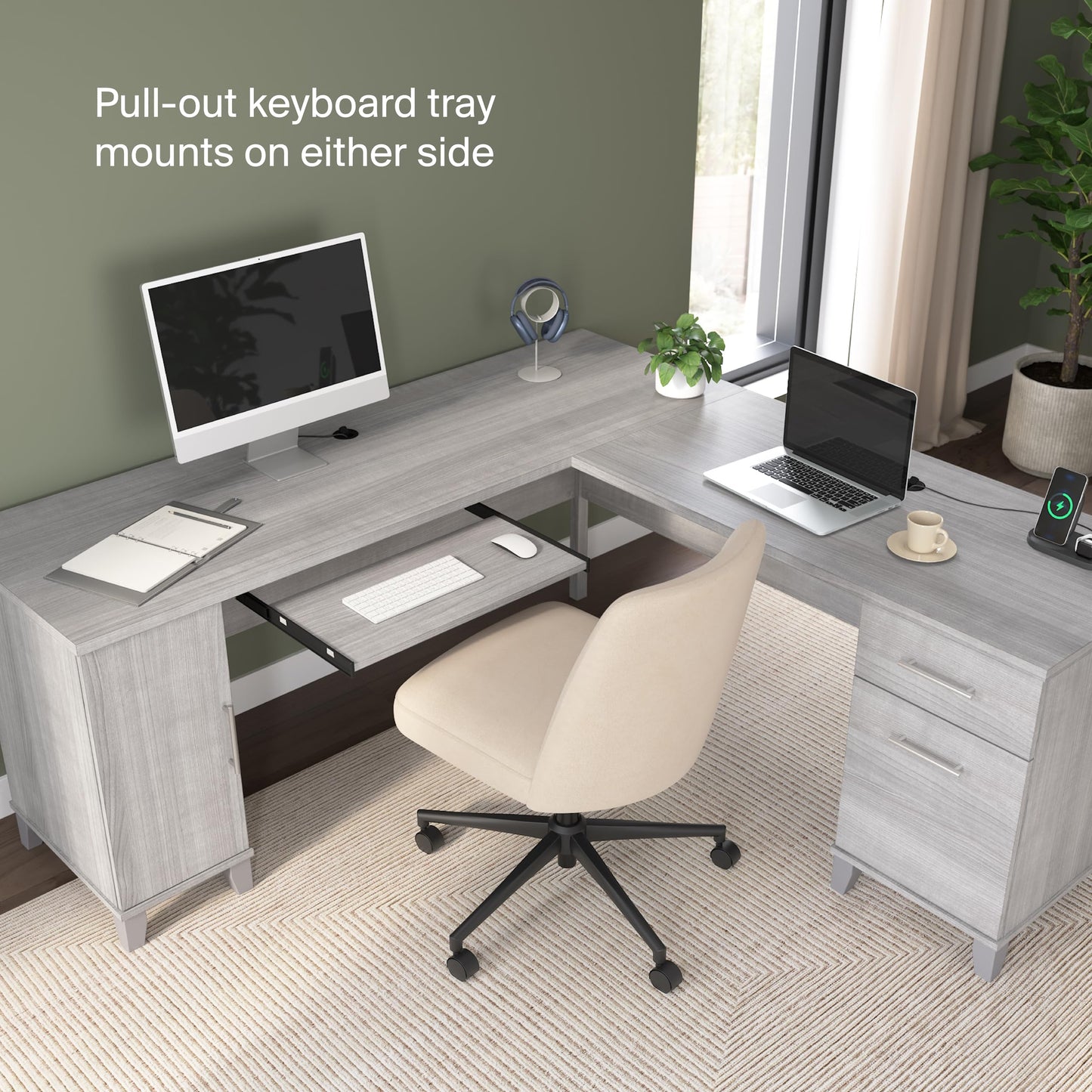 Bush Home 72-Inch L-Shaped Desk with Storage, Corner Computer Office Desk with File and Box Drawers, Home Office Workstation with Storage Cabinet, Somerset Collection, Platinum Gray