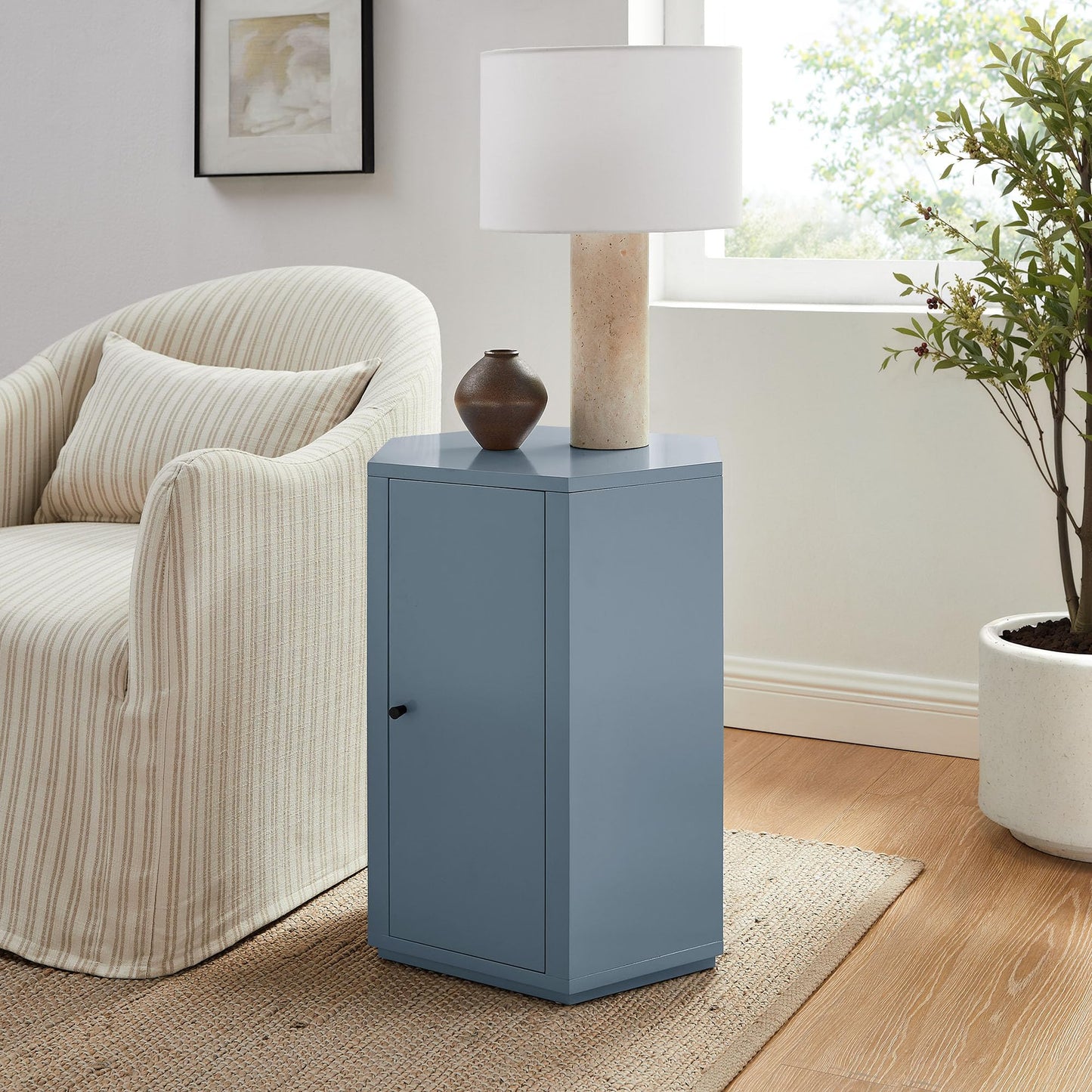 Modway Kade Solid Wood Side Table in Stillwater Blue – Modern Faceted Nightstand – Geometric End Table with Cabinet Storage and Interior Shelf