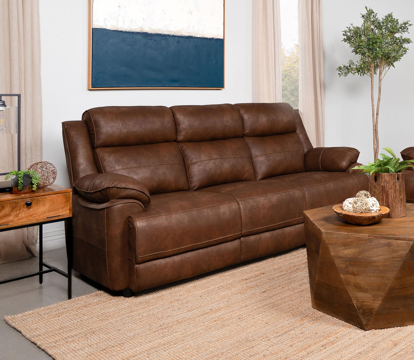 Coaster Home Furnishings - Ellington - Upholstered 3-Seater Sofa with Padded Arm, Faux Leather Upholstery, Pocket Coil Seating and Full Foam Cushions - Transitional - Living Room - Dark Brown - 508281