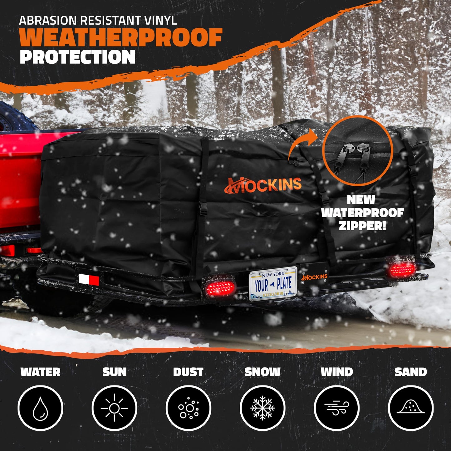 Mockins 72"x36"x6" XXL Folding Trailer Hitch Cargo Carrier w/ 50 CuFt Waterproof Cargo Bag for Hitch Carrier | 500 Lbs Cap Luggage Rack for SUV Car & Truck w/Rear Lights, License Plate Holder & More