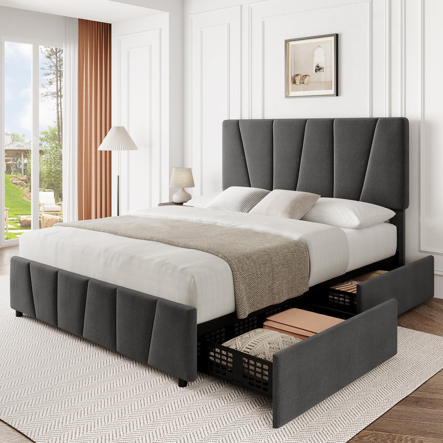 Queen Size Bed Frame with Upholstered Headboard & 4 Storage Drawers with Wheels, Platform Bed Frame with Wooden Slat Support, Adjustable Headboard, No Box Spring Needed, Noise-Free, for Bedroom