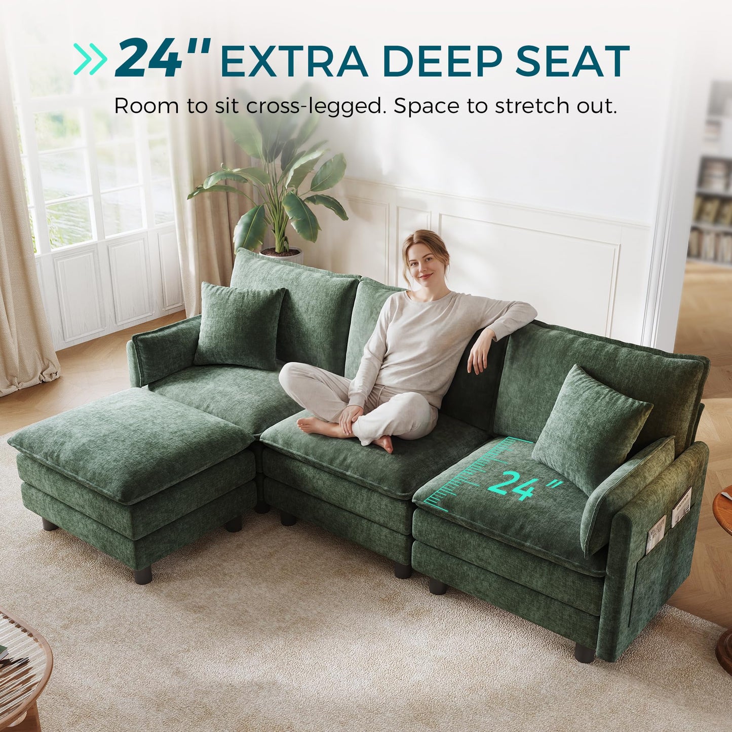 LINSY HOME 98'' Modular Sectional Sofa 3 Seat Couch Chenille Cloud Couch with Deep Seat, L Shaped Couch with 1 Movable Ottoman for Living Room, Office, Bedroom, Green(Pillows Included)