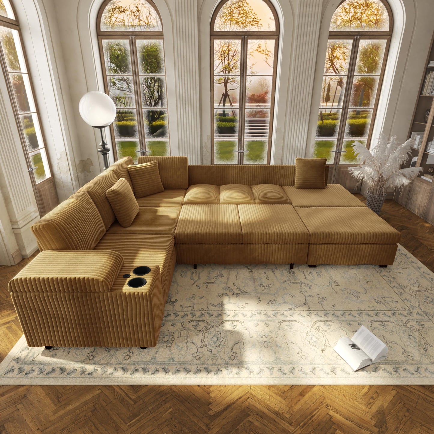 KEIKI 110" L-Shaped Oversized Plush Corduroy Modular Sectional Sofa with Pull-Out Bed, Convertible 6-Seater Sleeper Couch Bed with 1 Ottomans & USB & Cup Holders, Easy Assembly, for Living Room, Camel
