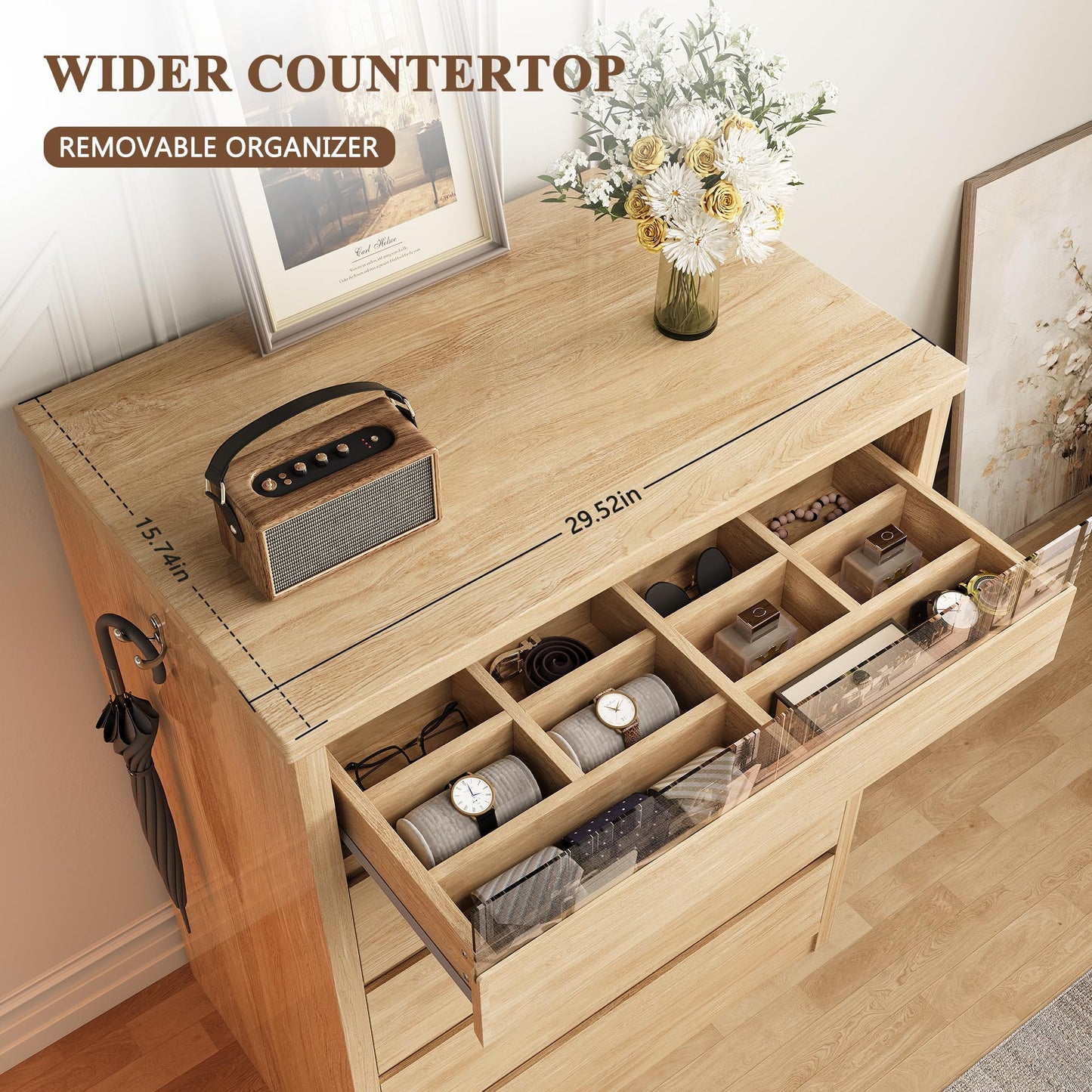 Jocoevol 5 Drawer Dresser for Bedroom with LED Light, Modern Chest of Drawers with Hidden Handles, Tall Wooden Dresser Closet for Living Room, Entryway, Hallway - Oak