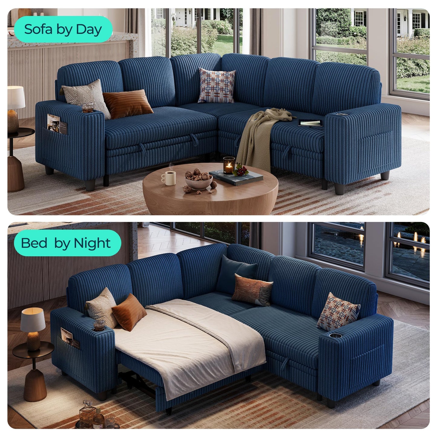 LINSY HOME Sleeper Sofa Bed with Pull Out Couch Modular Sectional Sofa (Blue, Sleeper Sofa 2) | Pull Out Sofa Bed, USB Charging, Cup Holders, Plush Corduroy, Storage
